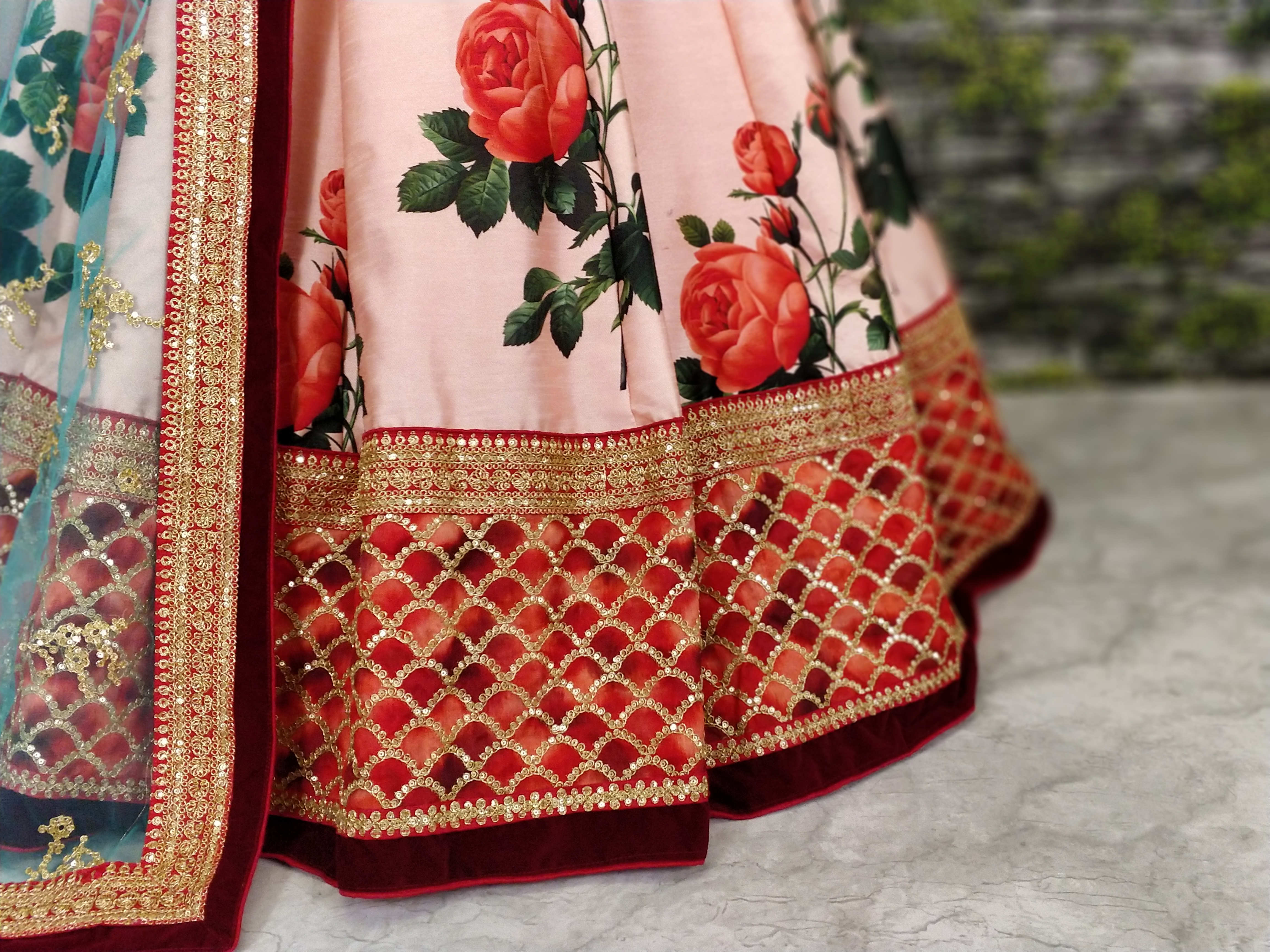 Rose Florals Printed Designer Lehenga with Heavily Embroidered Blouse