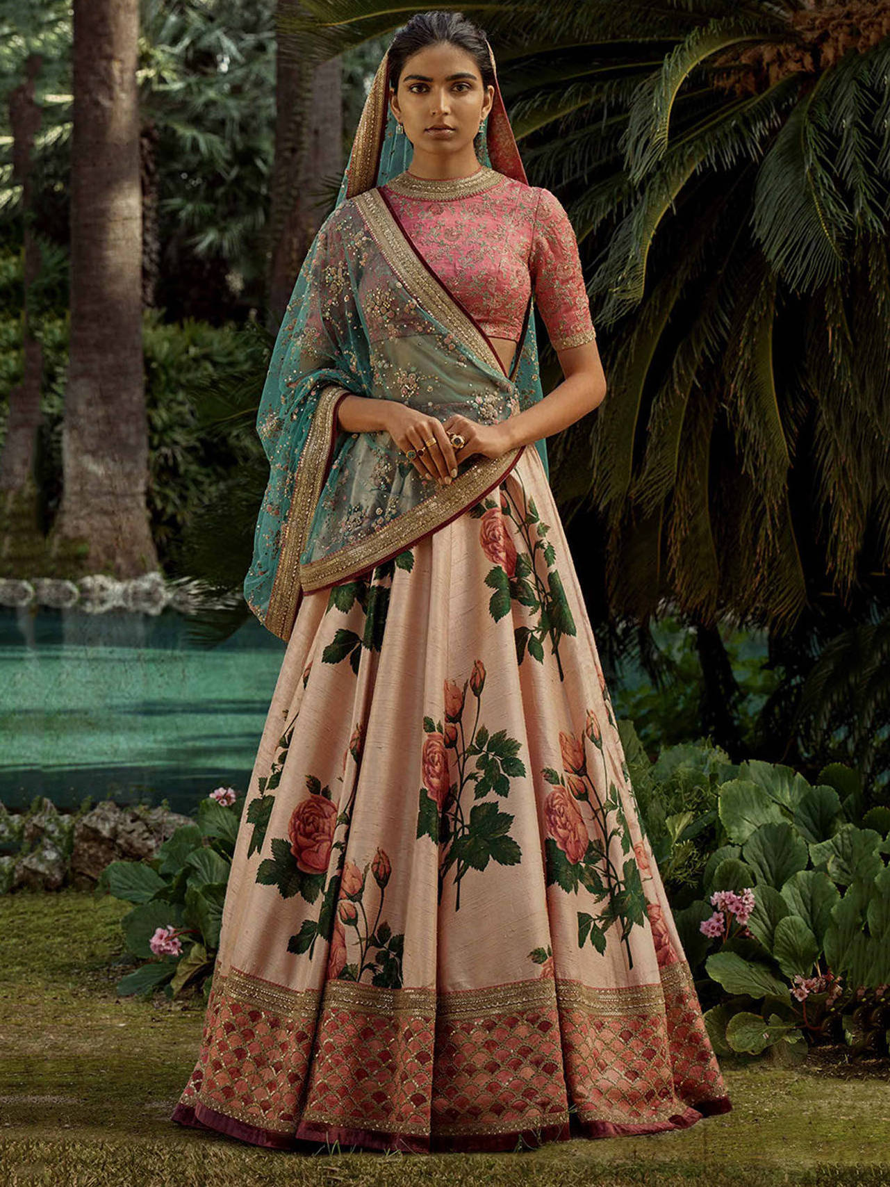 Rose Florals Printed Designer Lehenga with Heavily Embroidered Blouse