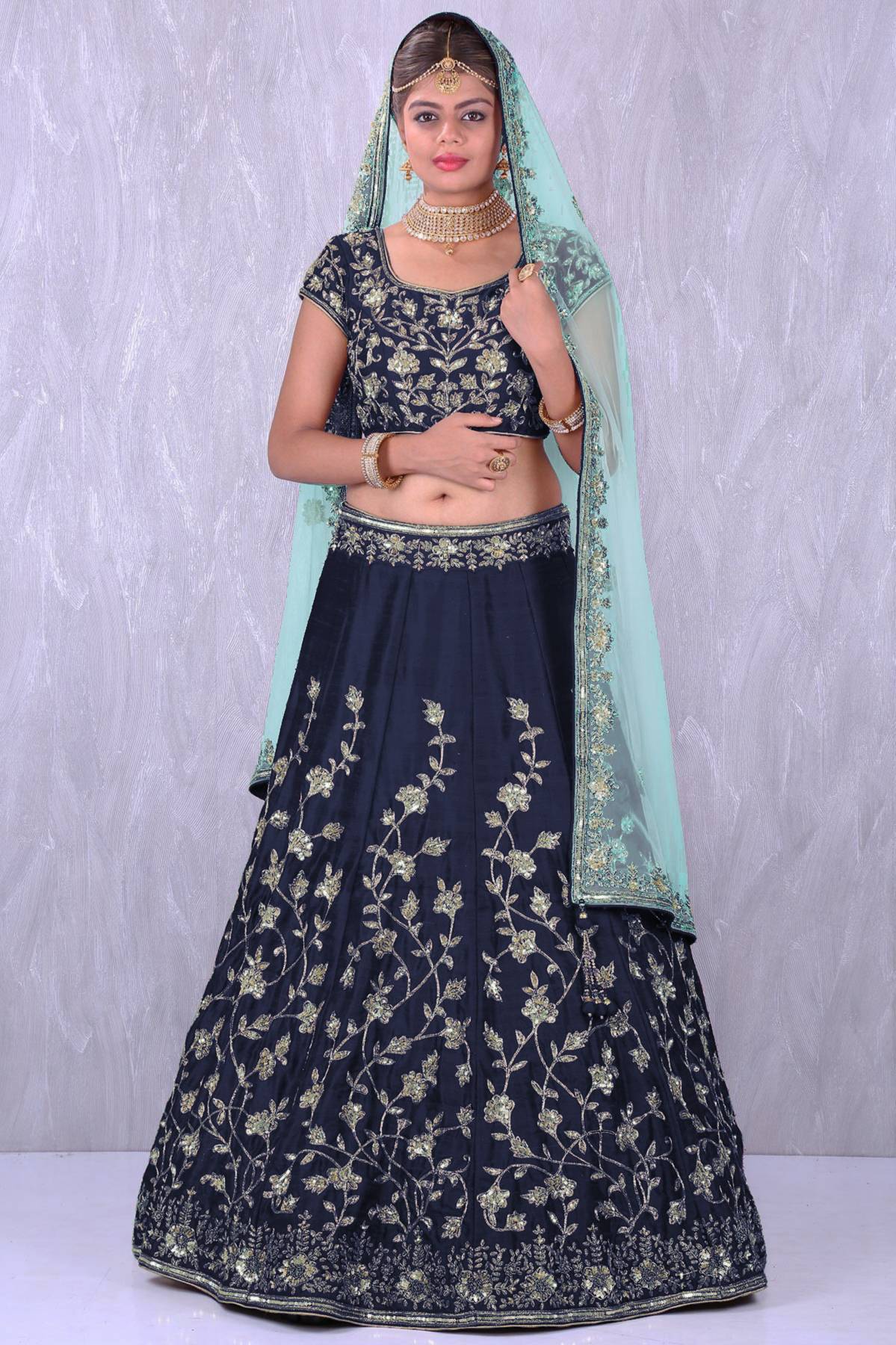 Navy Blue Banglory Silk Lehenga Choli with Applique Embroidery work