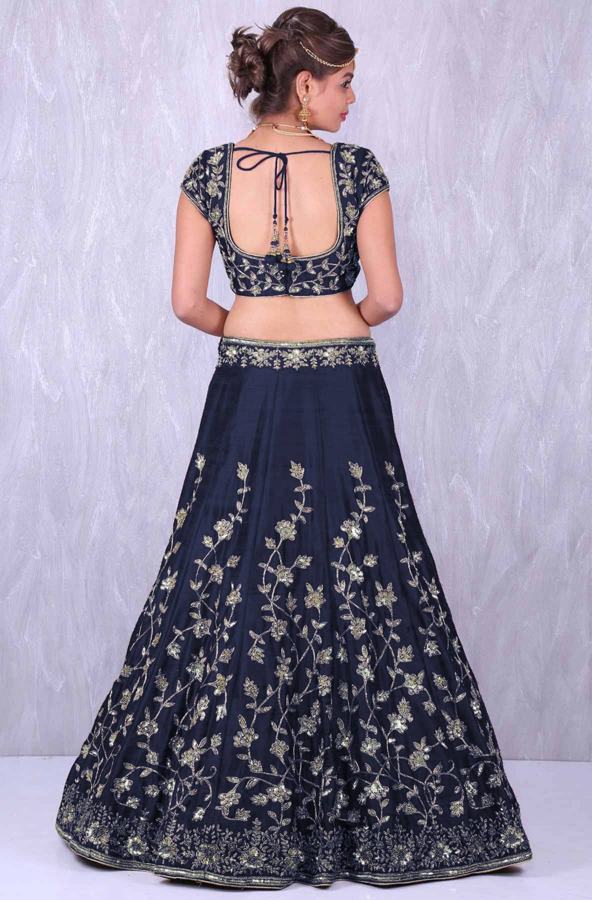 Navy Blue Banglory Silk Lehenga Choli with Applique Embroidery work