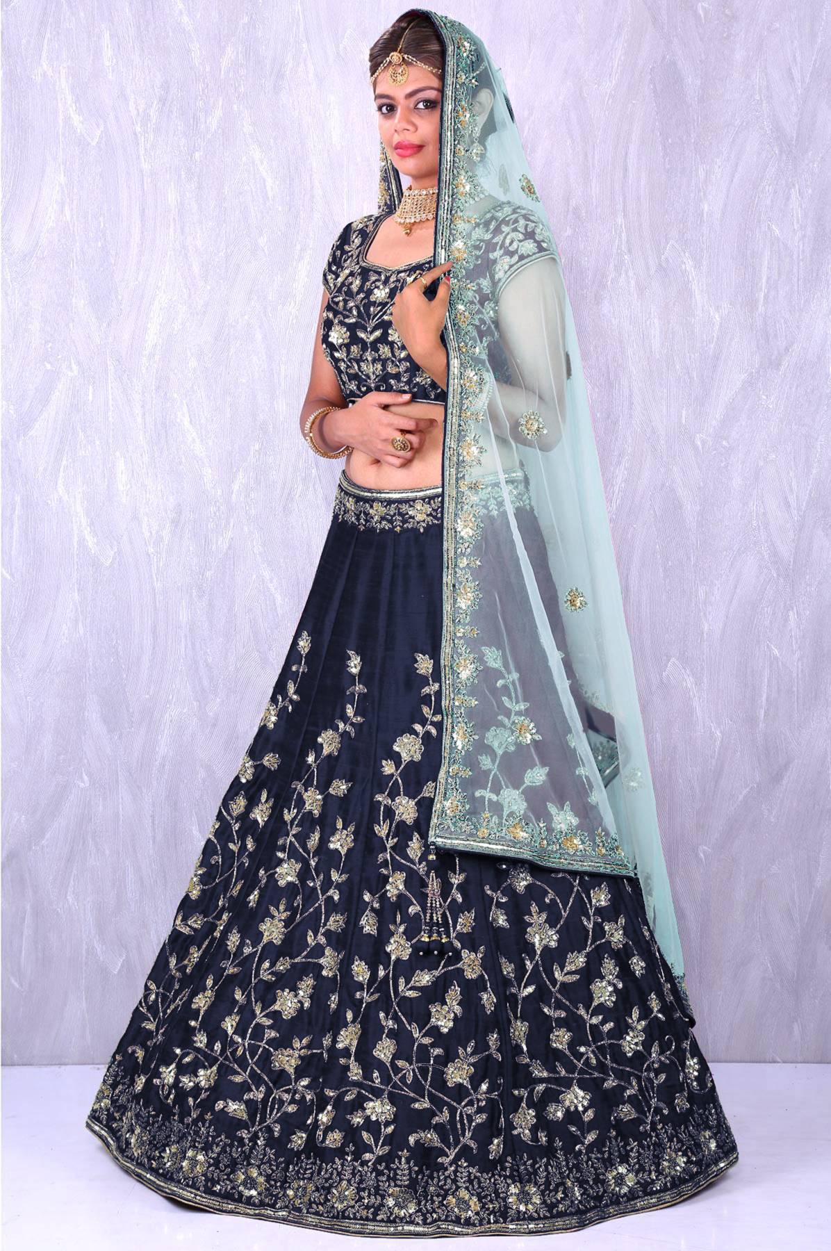 Navy Blue Banglory Silk Lehenga Choli with Applique Embroidery work