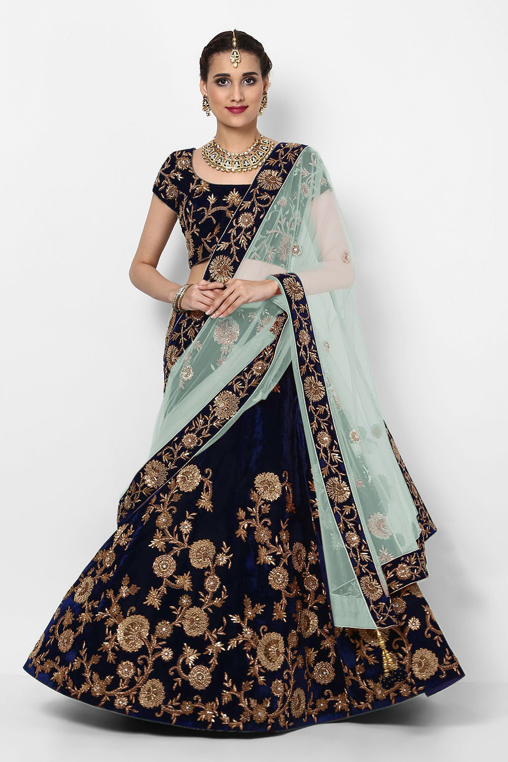 Beautiful Navy Blue Colored Party Wear Designer Embroidered Velvet Lehenga Choli
