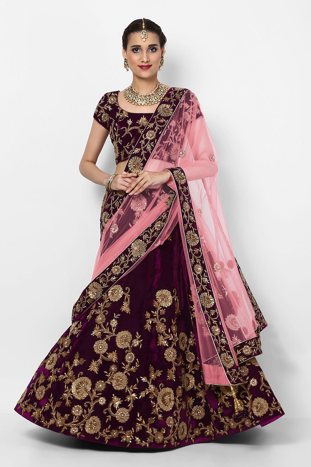 Beautiful Purple Colored Party Wear Designer Embroidered Velvet Lehenga Choli