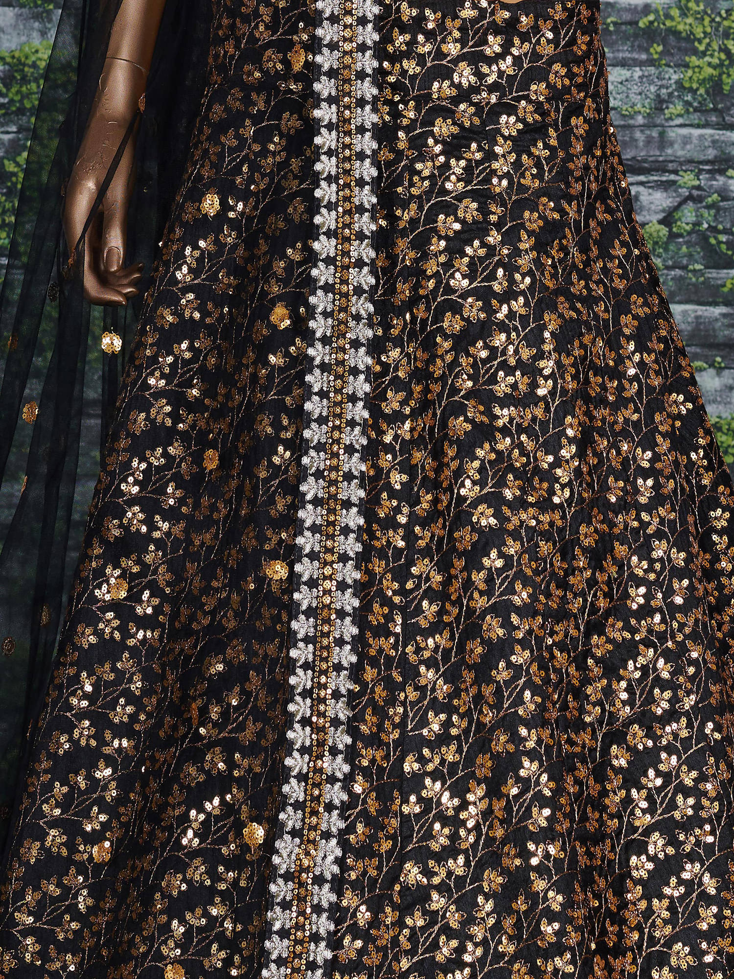 Vine Pattern Golden Sequins Black Silk Lehenga Choli Set