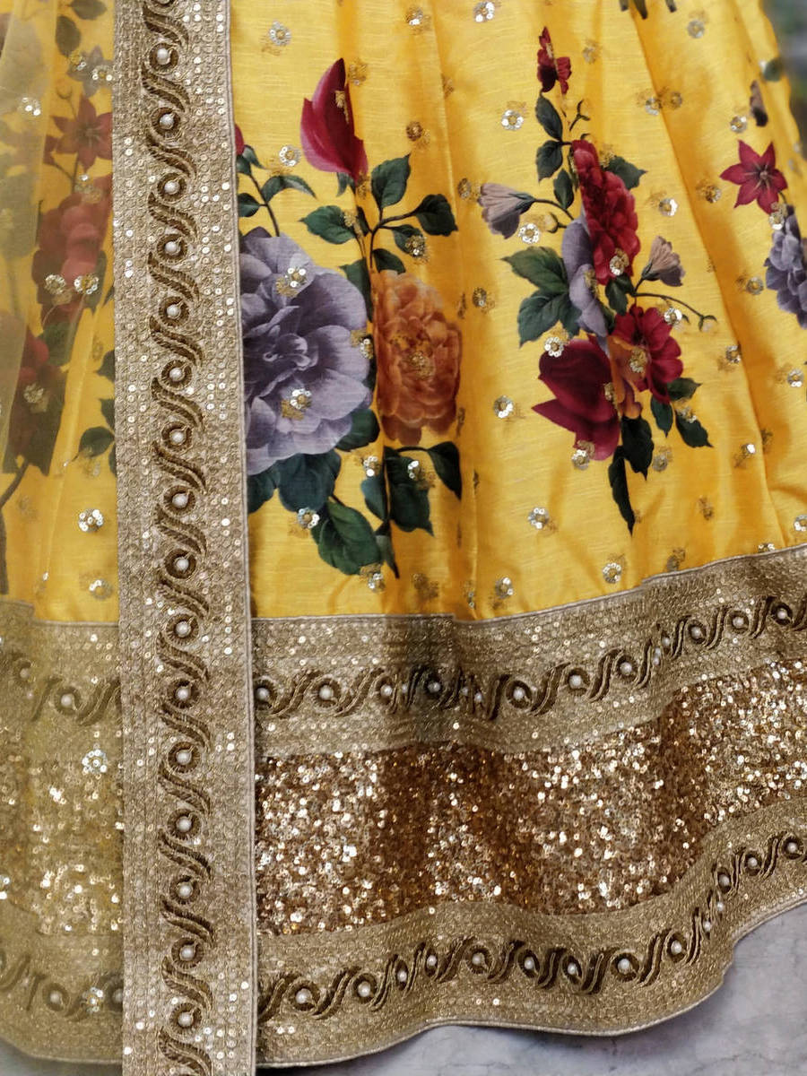 Gorgeous Yellow Colored Partywear Designer Embroidered Lehenga Choli