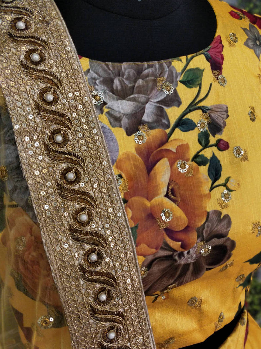 Gorgeous Yellow Colored Partywear Designer Embroidered Lehenga Choli