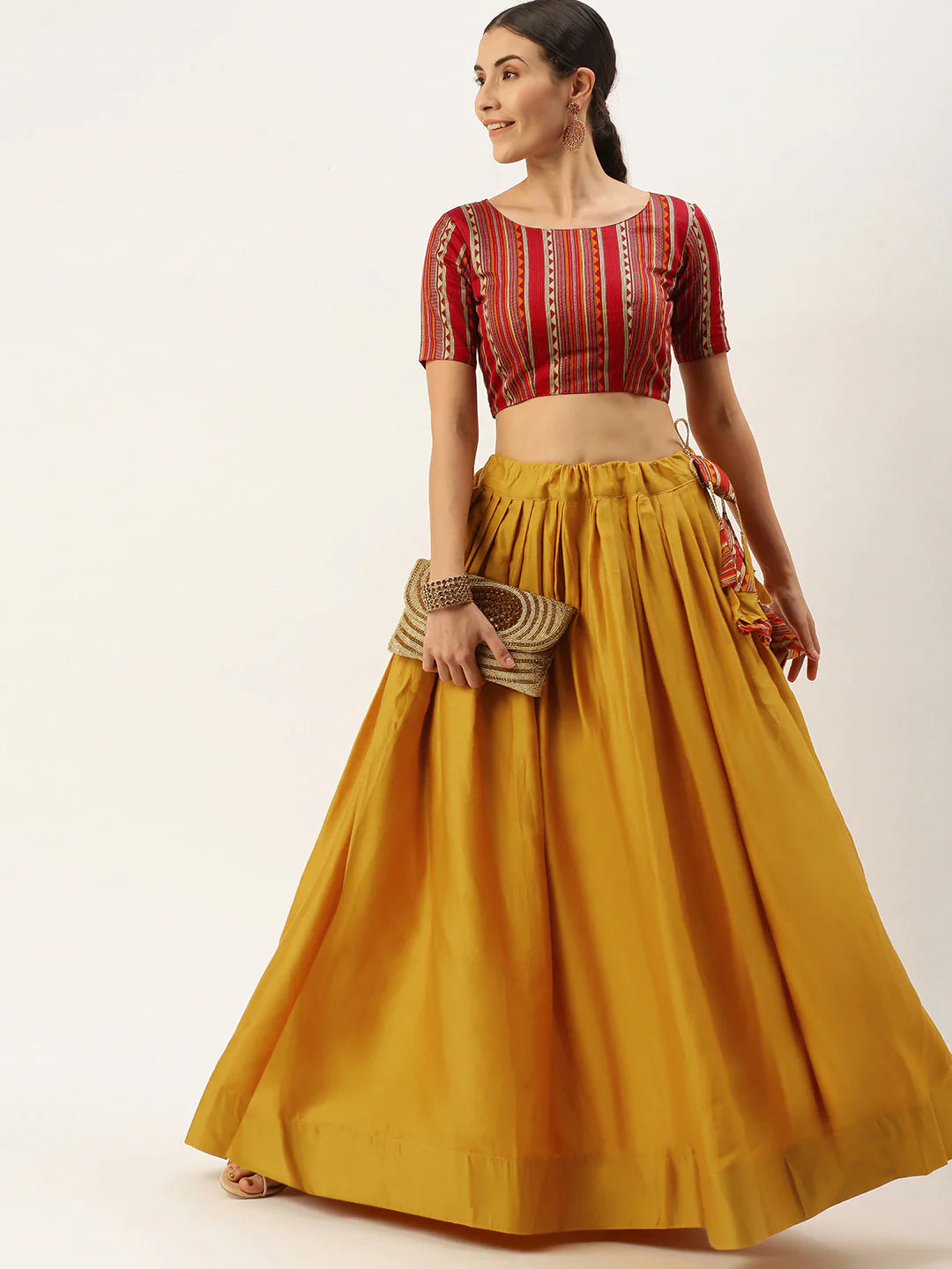 Mustard and multicoloured printed lehenga choli
