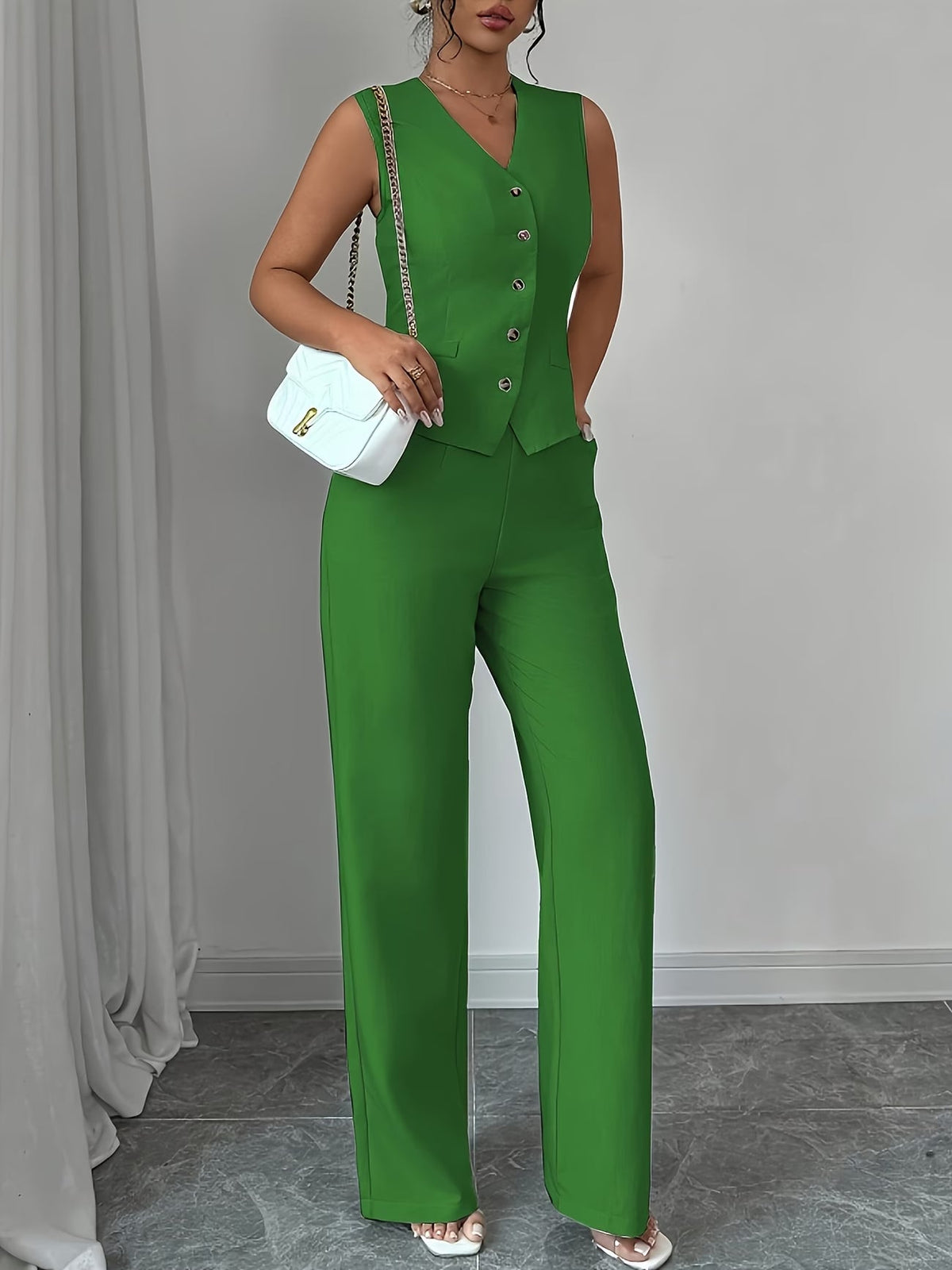 Women's Sleeveless Waist-Cinched Vest & Wide-Leg Pants Two-Piece Set