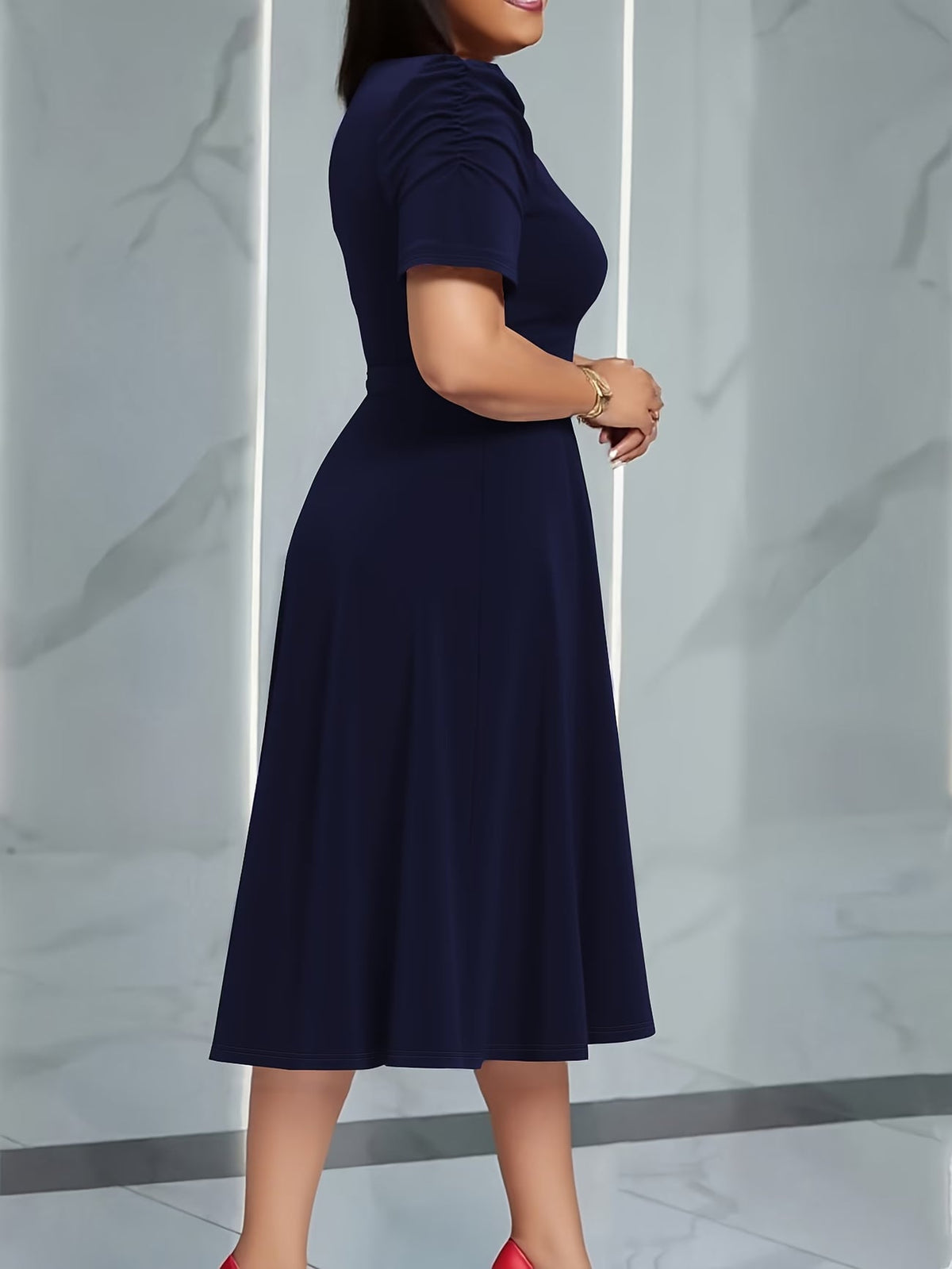 Women's Elegant V-Neck Ruffle Midi Dress with Waist Belt