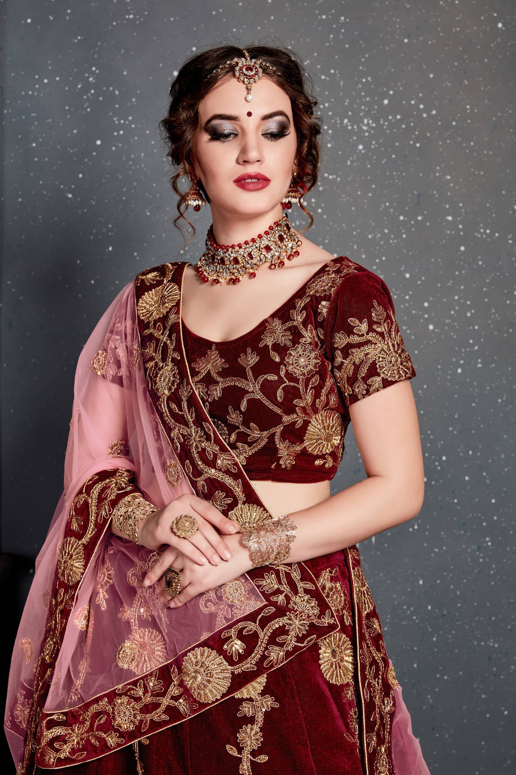 Innovative Maroon Bridal Wear Embroidered Velvet Lehenga Choli