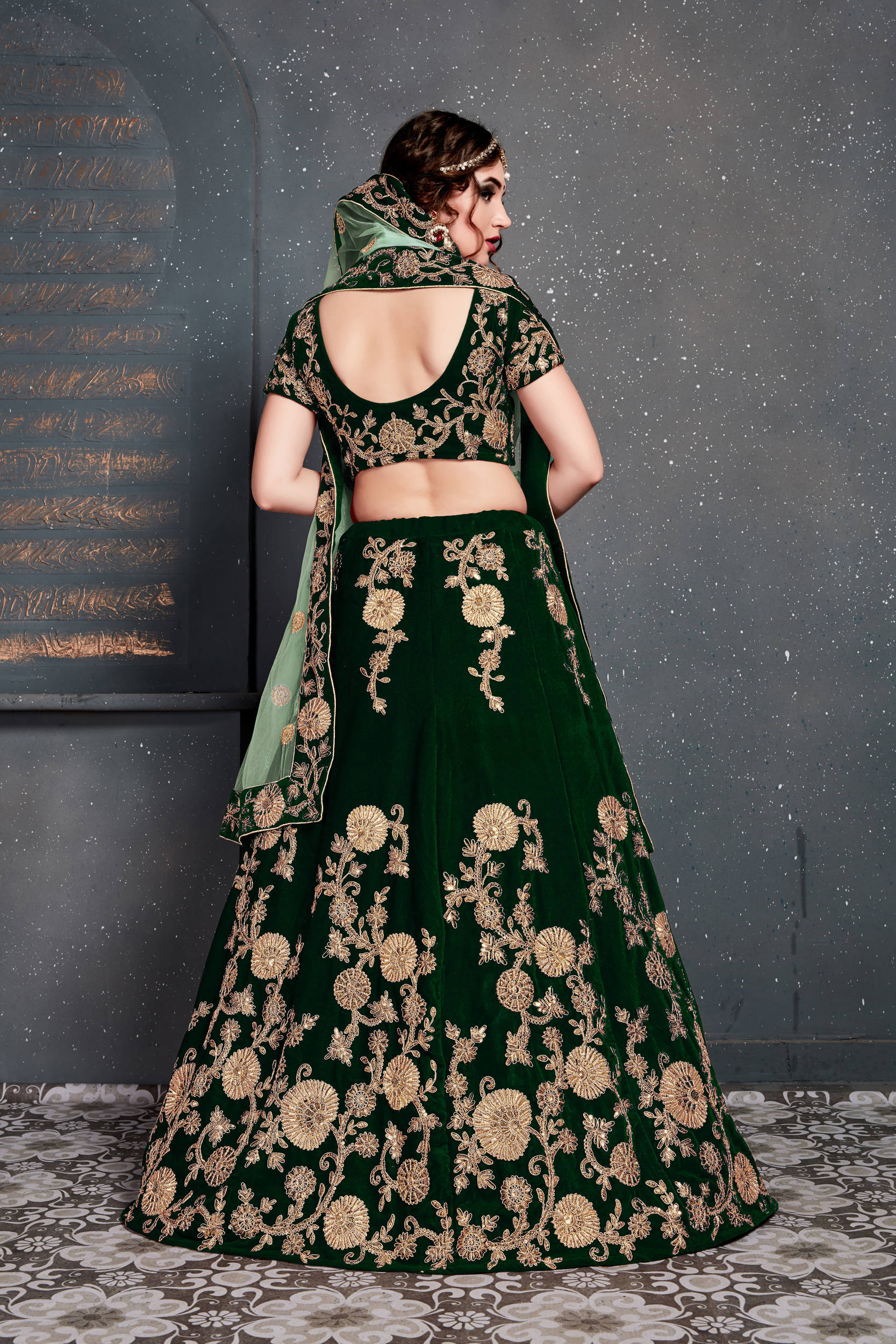 Demanding Dark Green Bridal Wear Embroidered Velvet Lehenga Choli