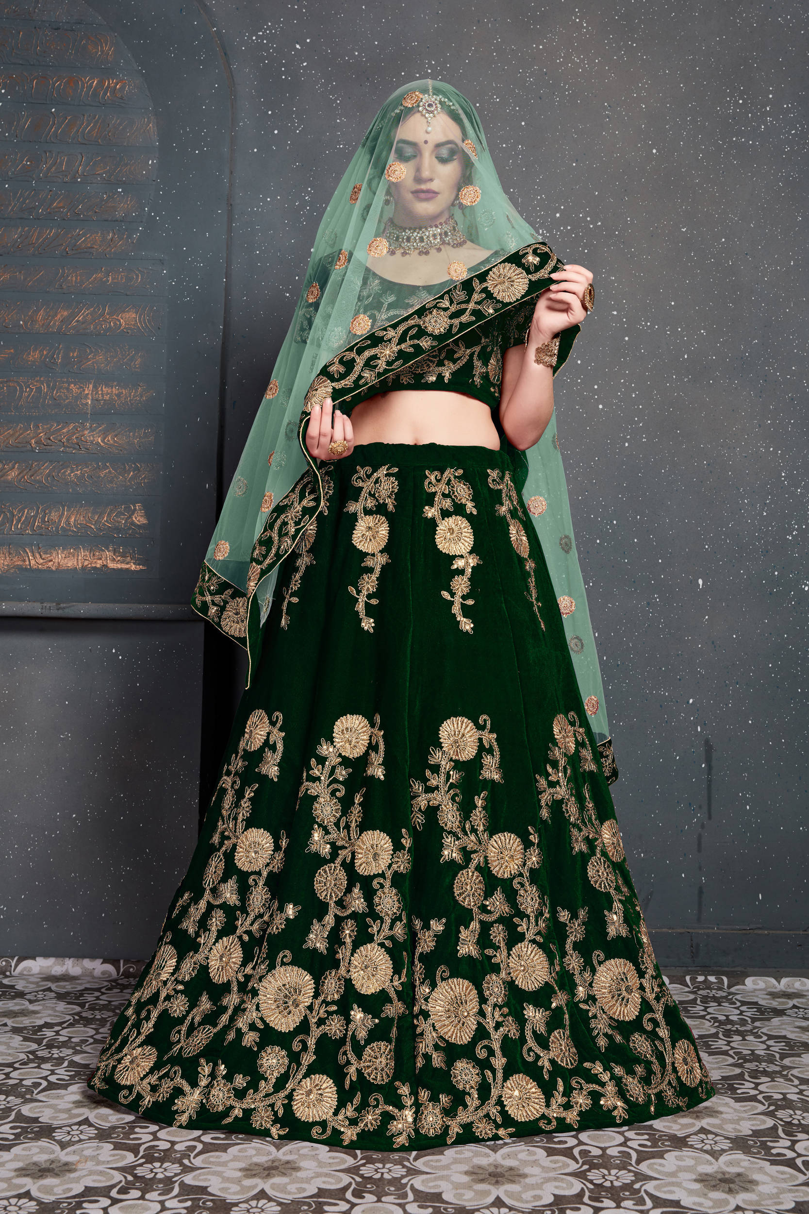 Demanding Dark Green Bridal Wear Embroidered Velvet Lehenga Choli