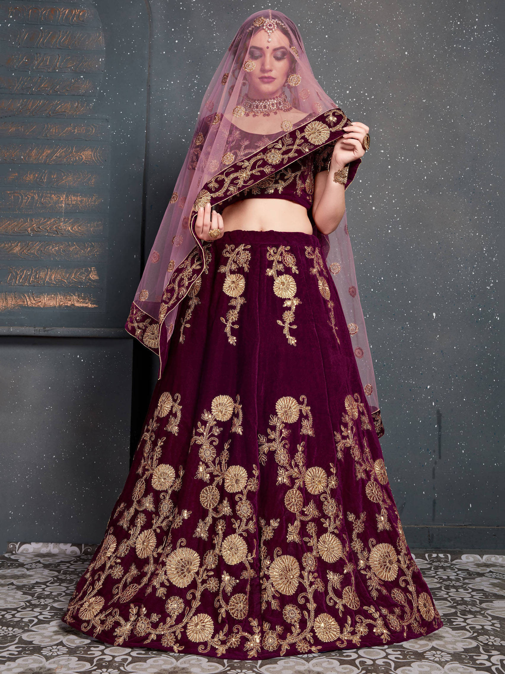 Purple Embroidered Velvet Bridal Semi Stitched Lehenga Choli