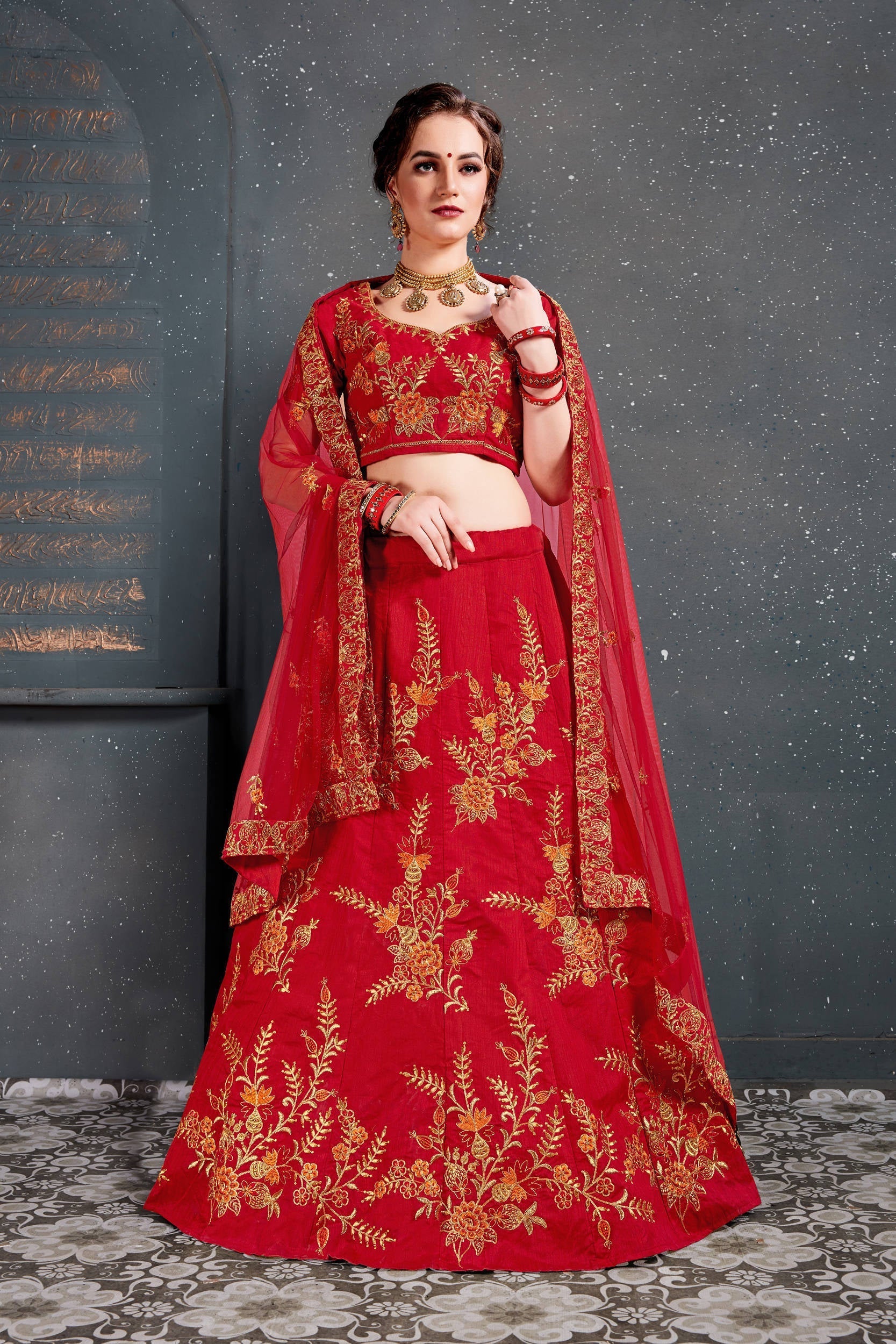 Flaunt Red Bridal Wear Embroidered Slub Silk Lehenga Choli