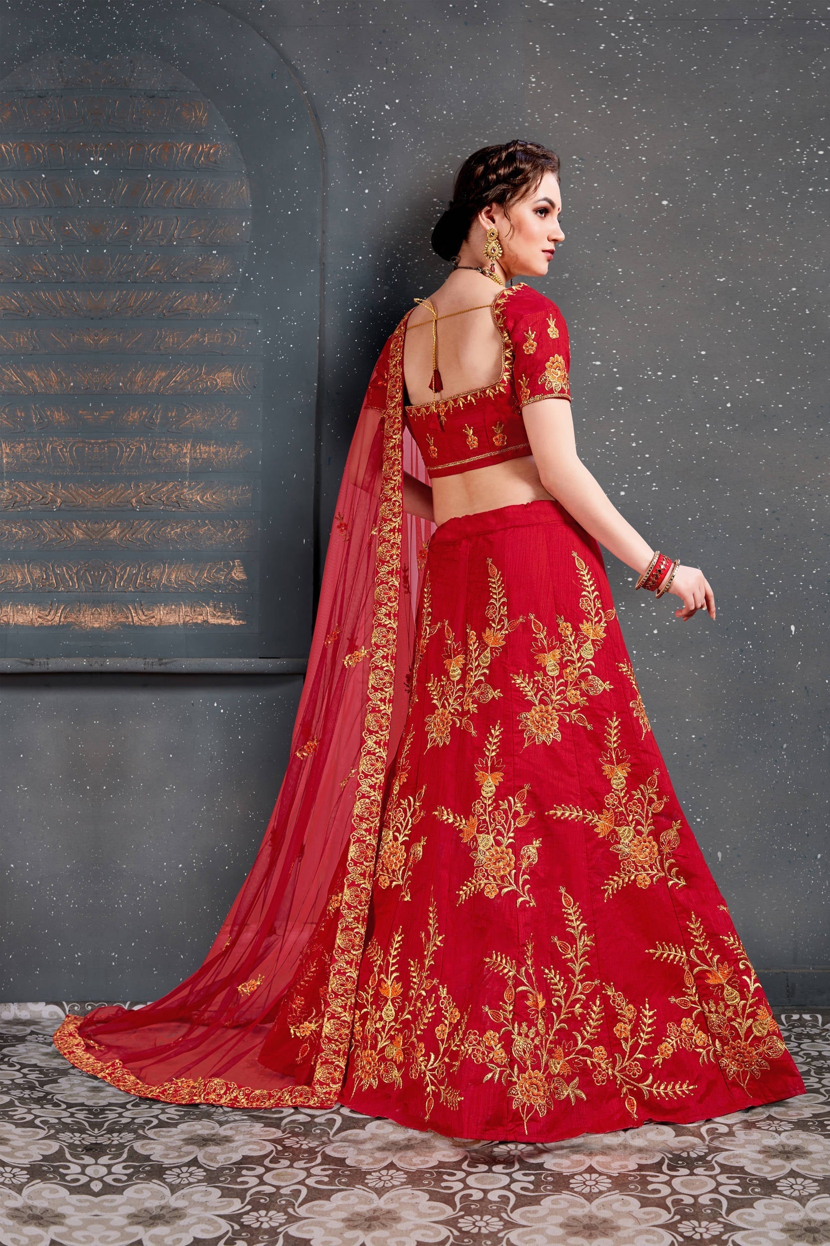Flaunt Red Bridal Wear Embroidered Slub Silk Lehenga Choli