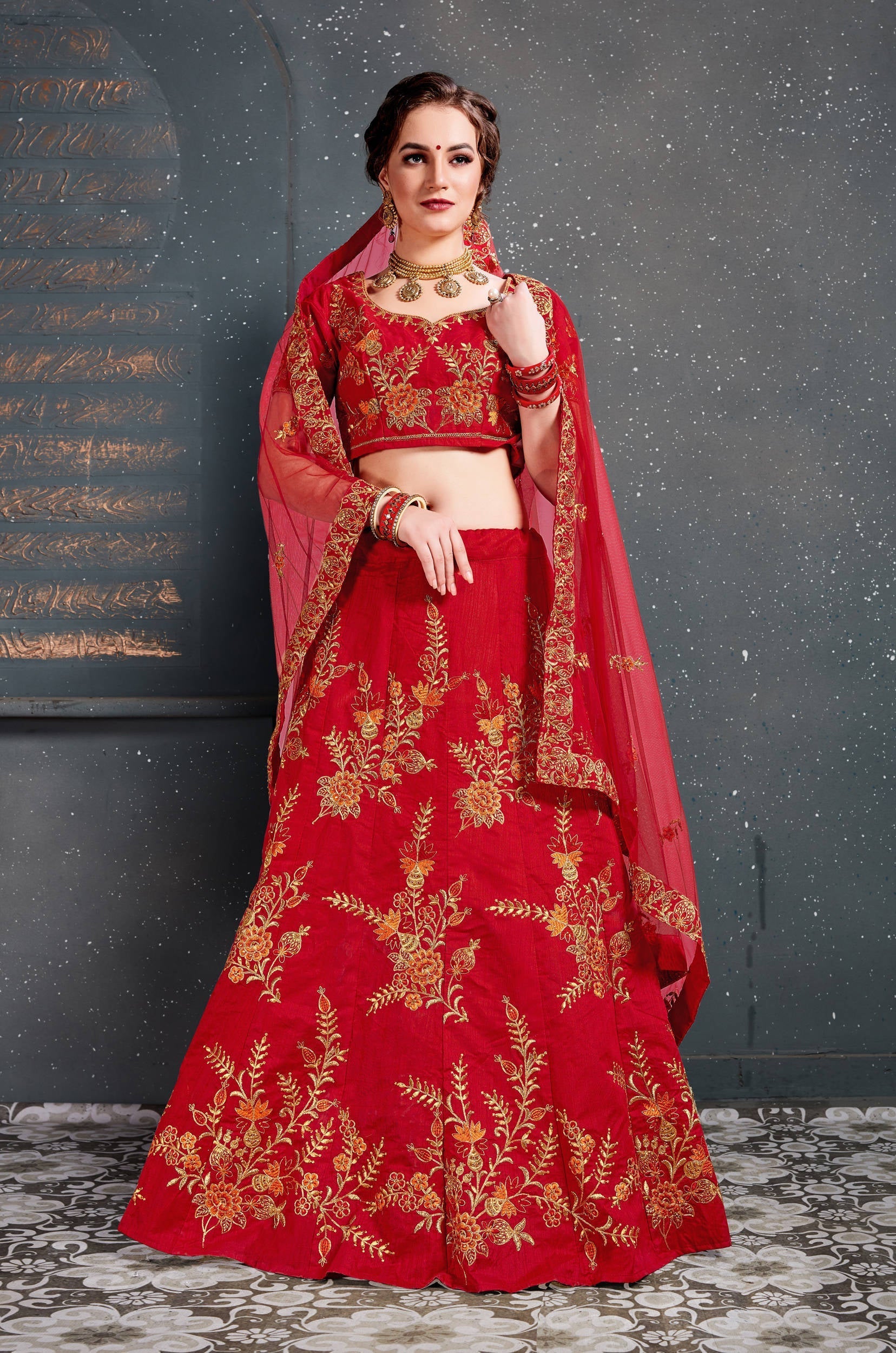 Flaunt Red Bridal Wear Embroidered Slub Silk Lehenga Choli