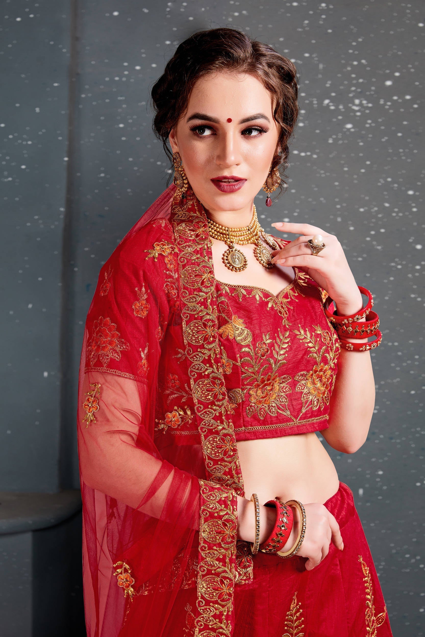 Flaunt Red Bridal Wear Embroidered Slub Silk Lehenga Choli