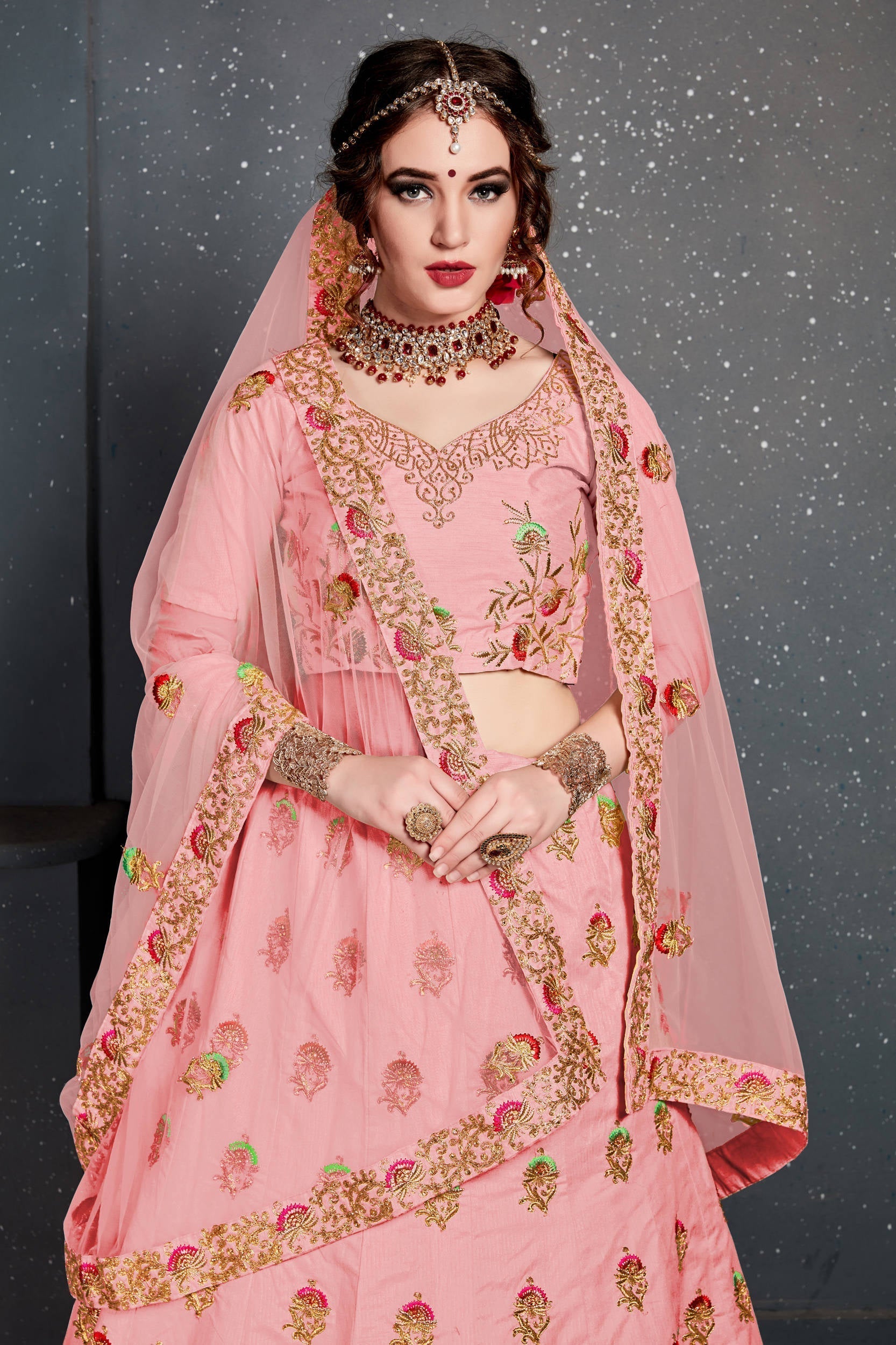 Prominent Baby Pink Embroidered Slub Silk Lehenga Choli
