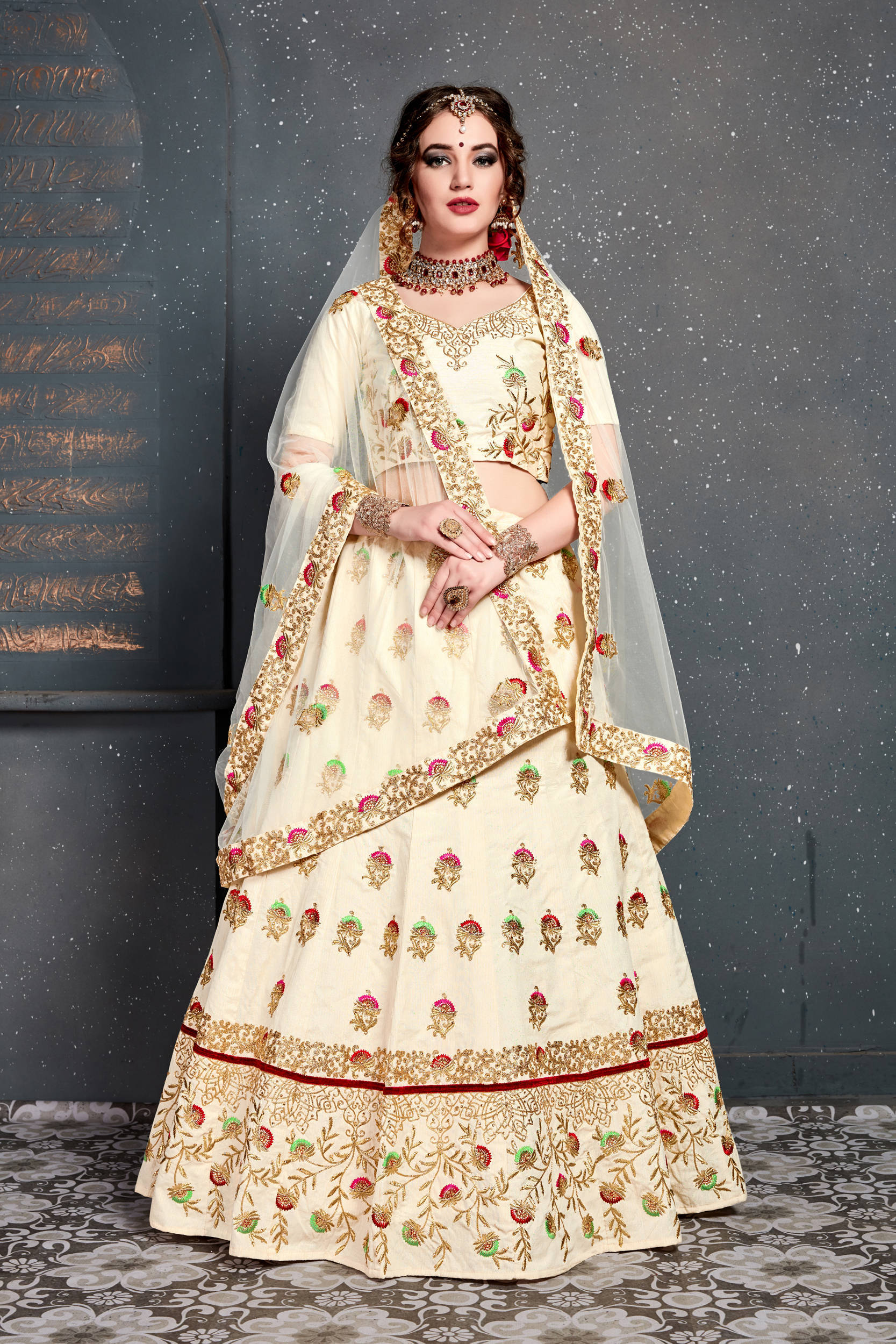 Marvellous Cream Embroidered Slub Silk Lehenga Choli