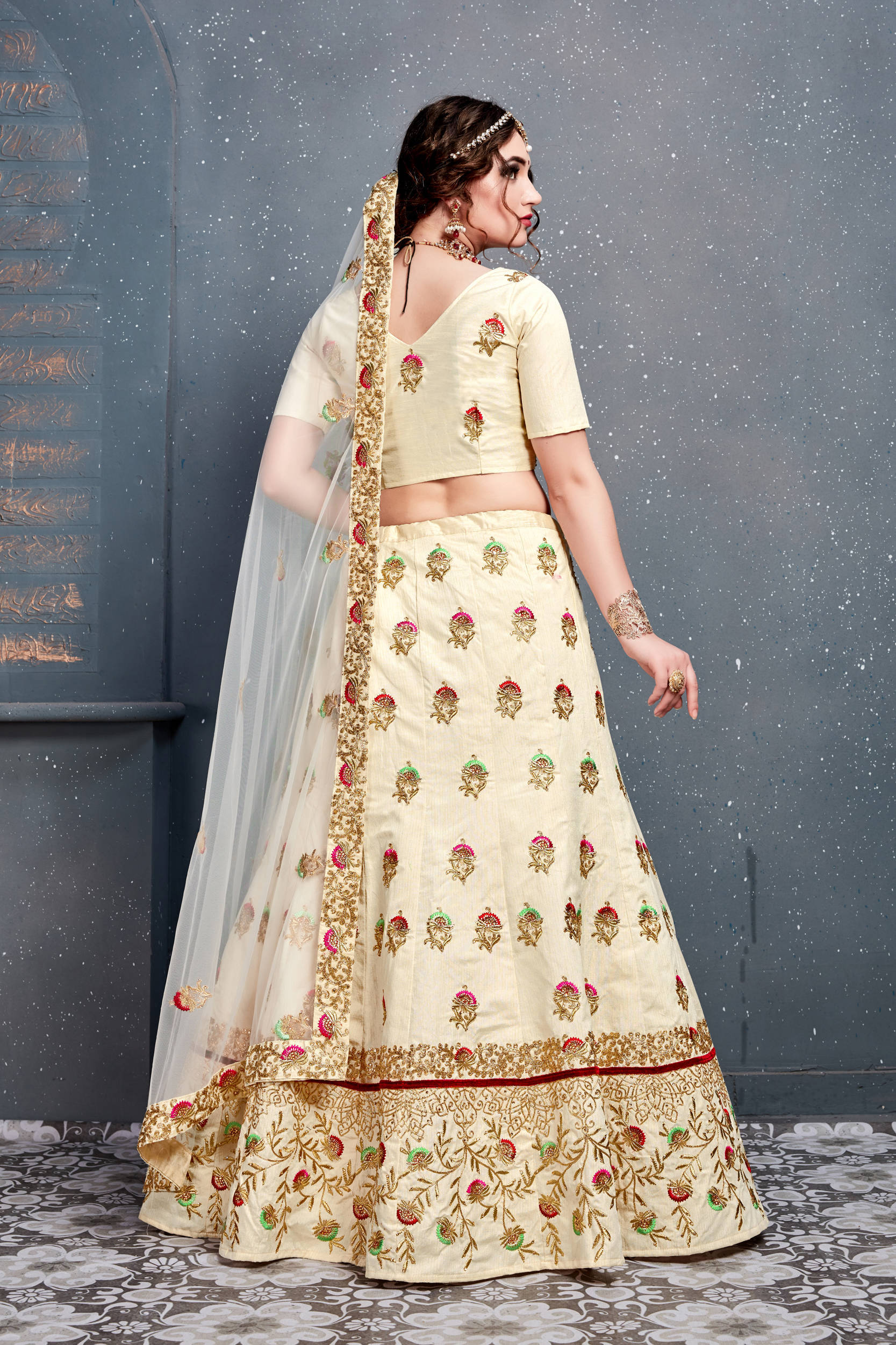 Marvellous Cream Embroidered Slub Silk Lehenga Choli