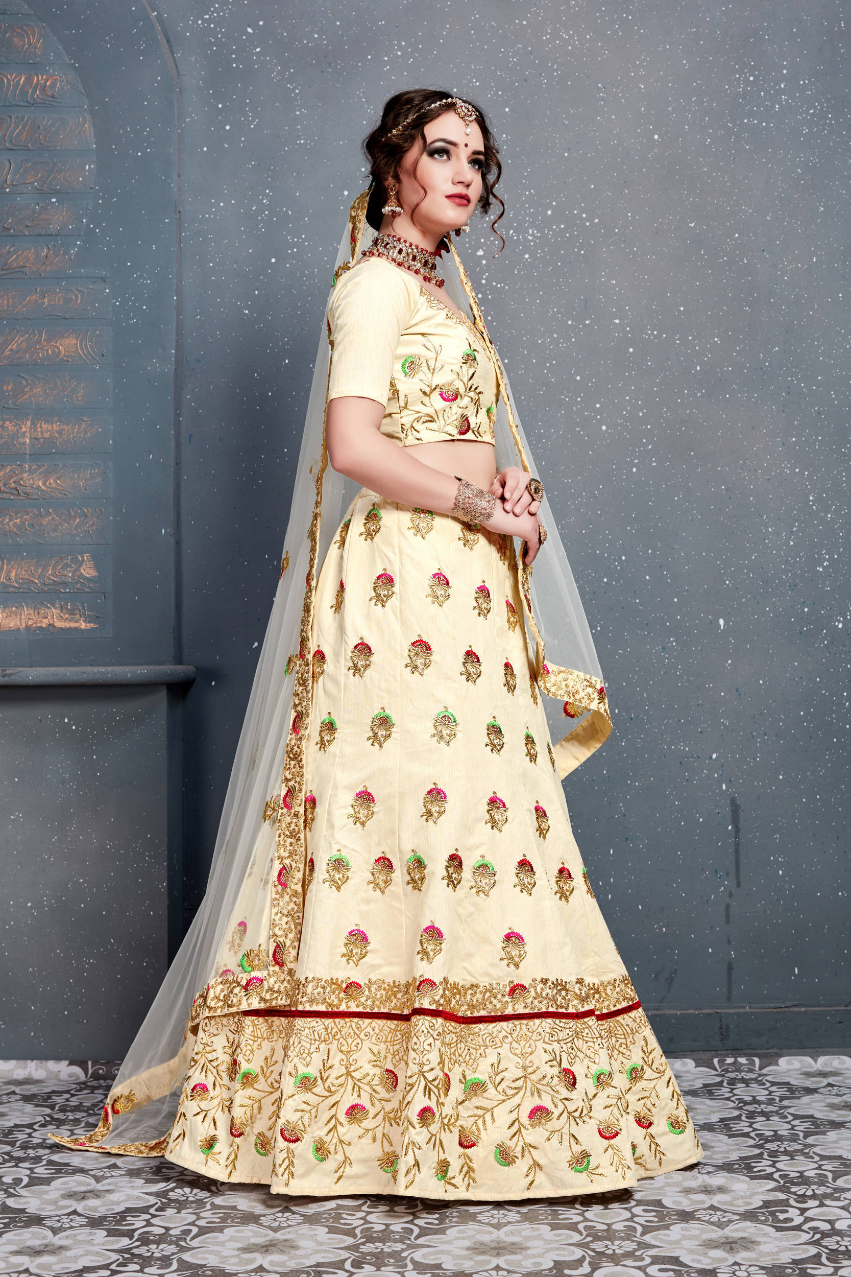 Marvellous Cream Embroidered Slub Silk Lehenga Choli