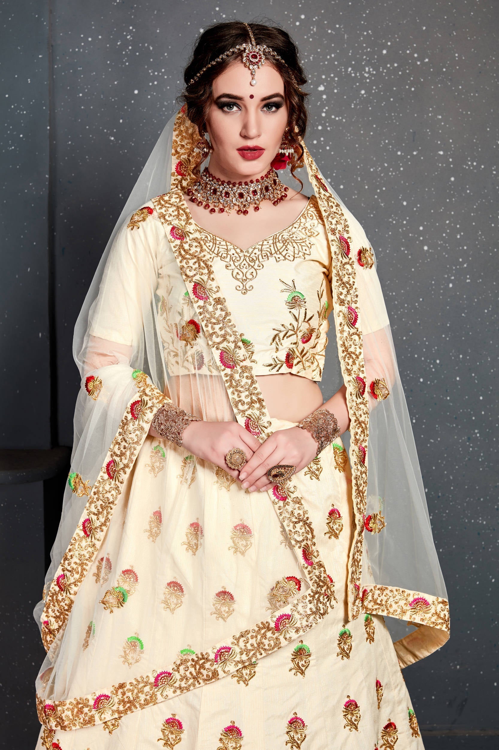 Marvellous Cream Embroidered Slub Silk Lehenga Choli