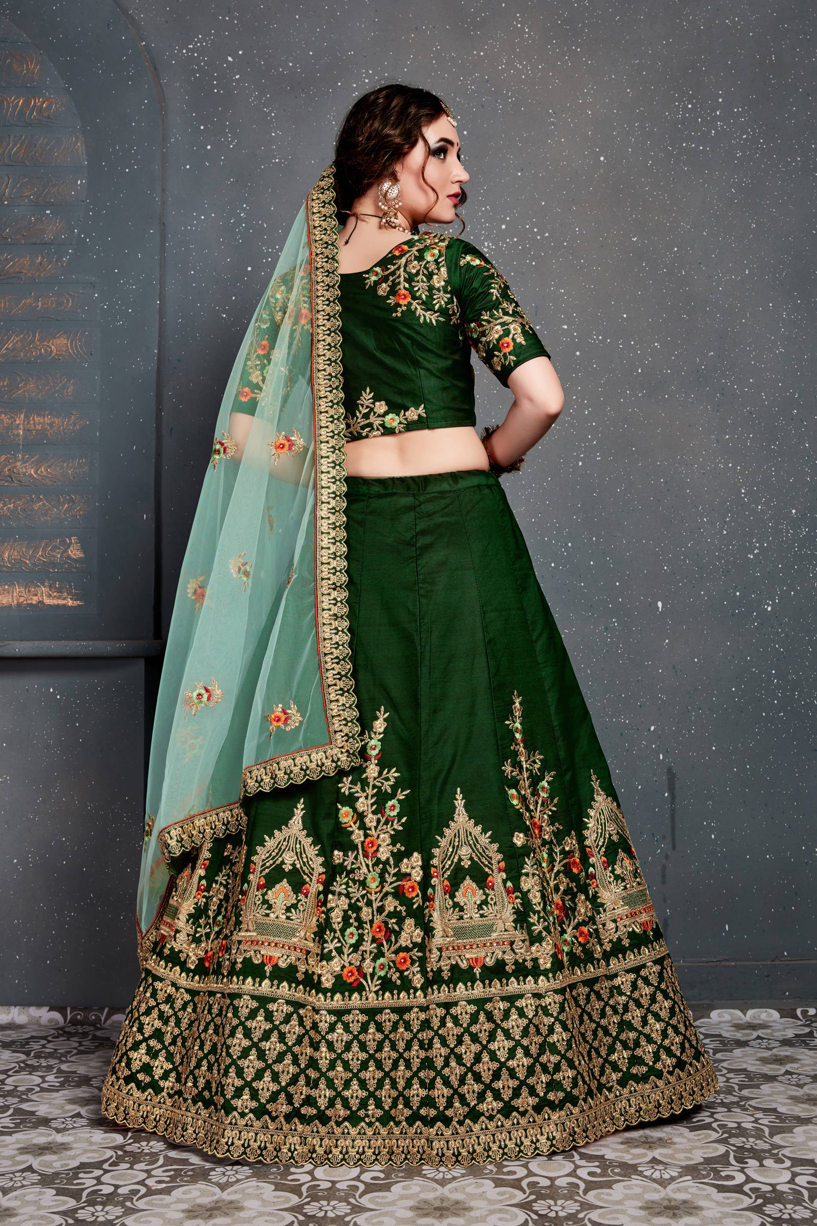 Dark Green Bridal Wear Embroidered Taffeta Silk Lehenga Choli