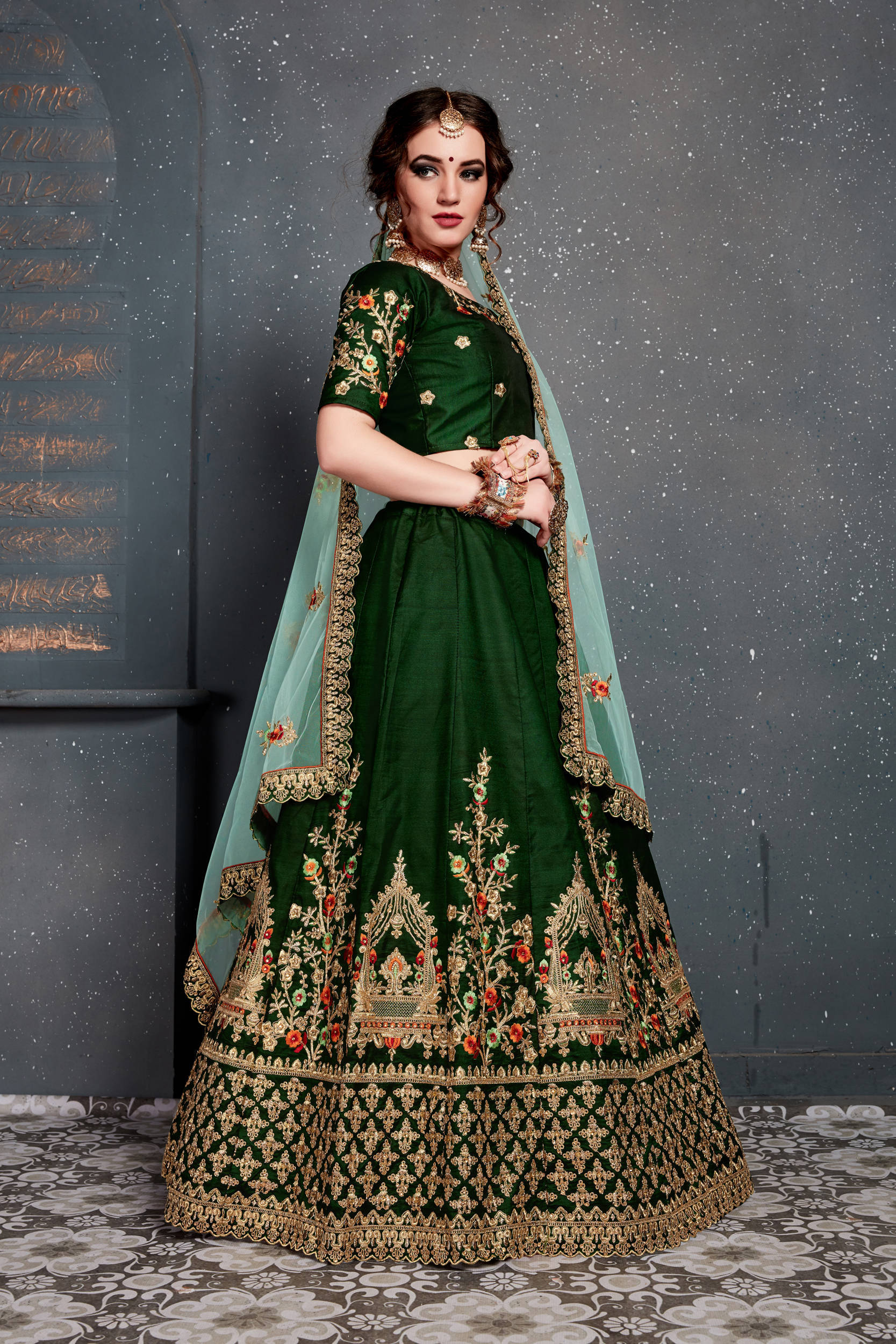 Dark Green Bridal Wear Embroidered Taffeta Silk Lehenga Choli