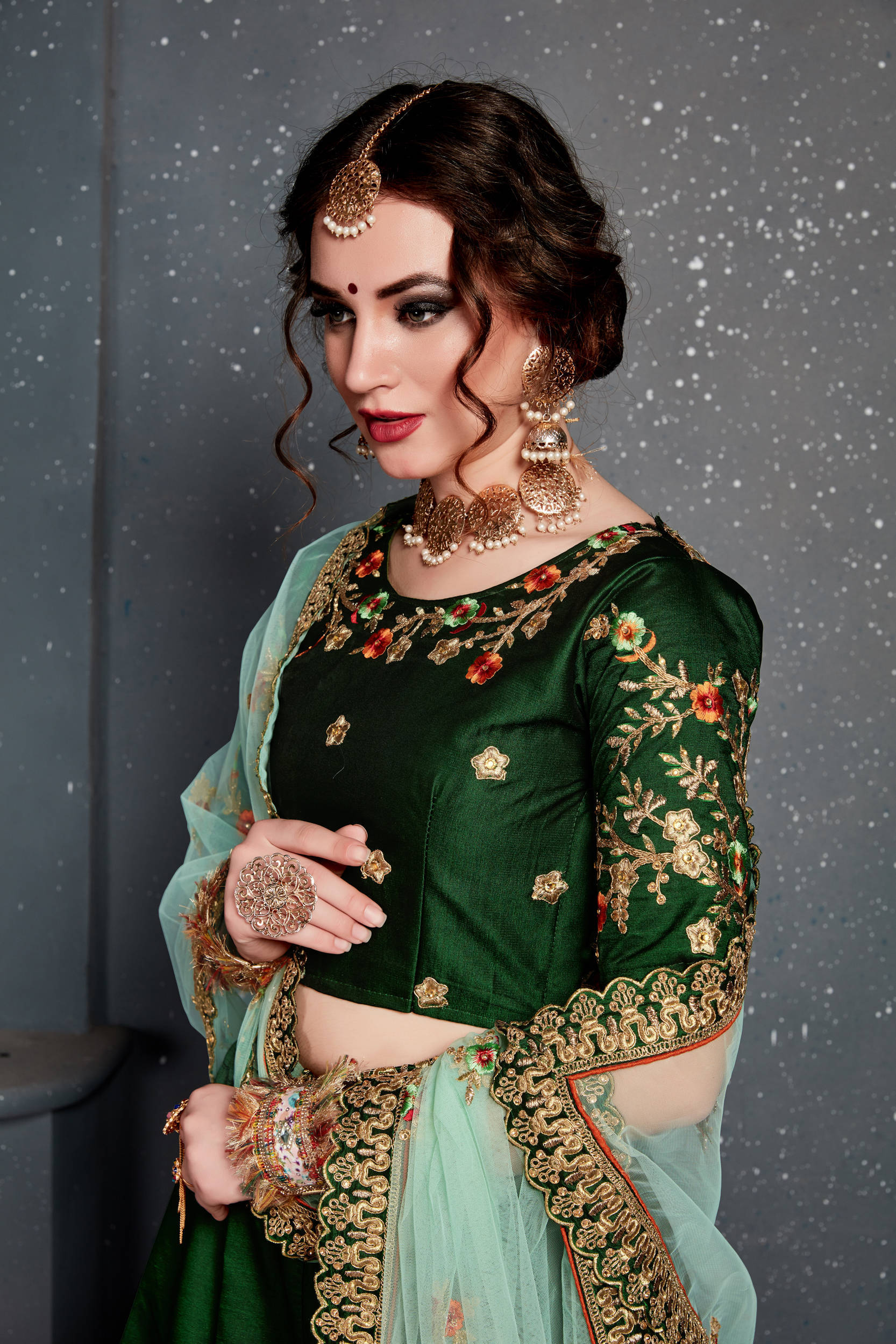 Dark Green Bridal Wear Embroidered Taffeta Silk Lehenga Choli