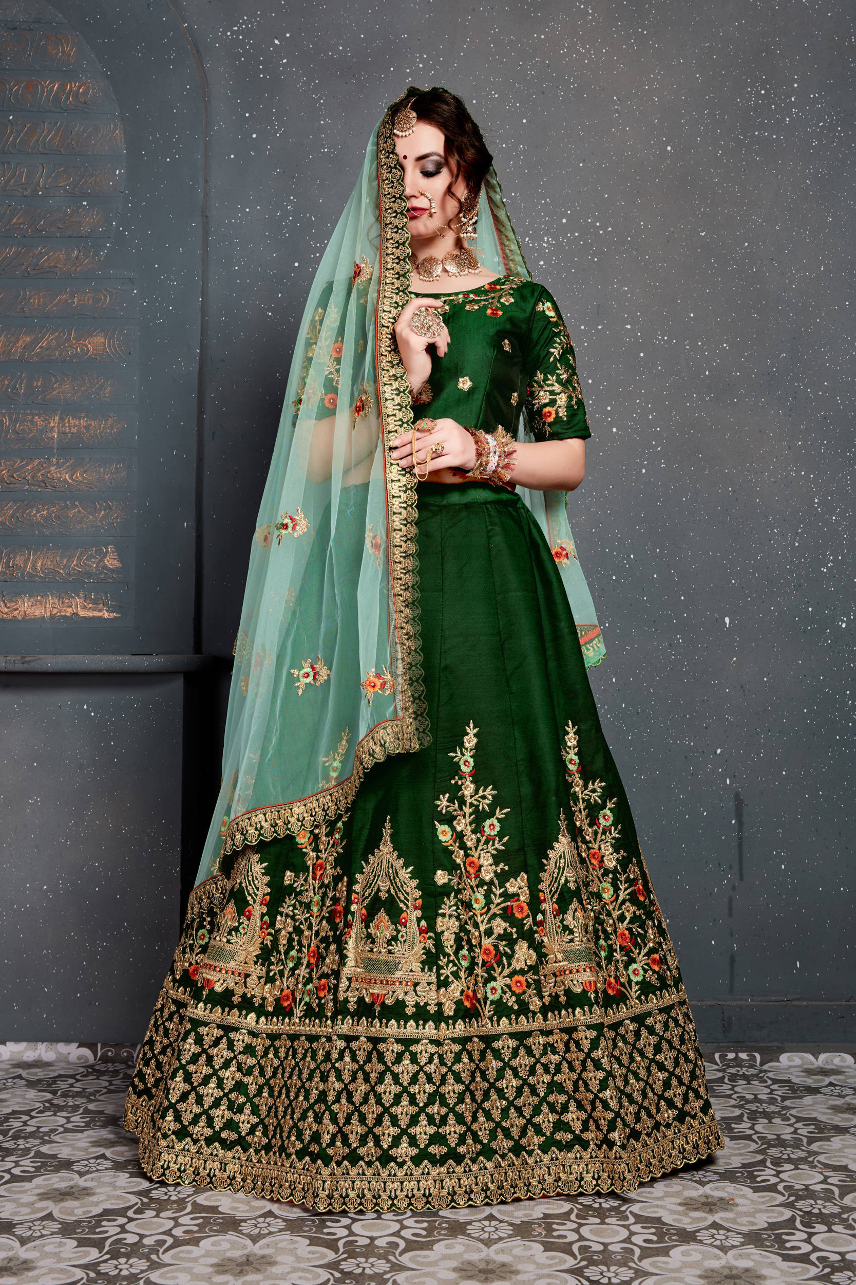 Dark Green Bridal Wear Embroidered Taffeta Silk Lehenga Choli