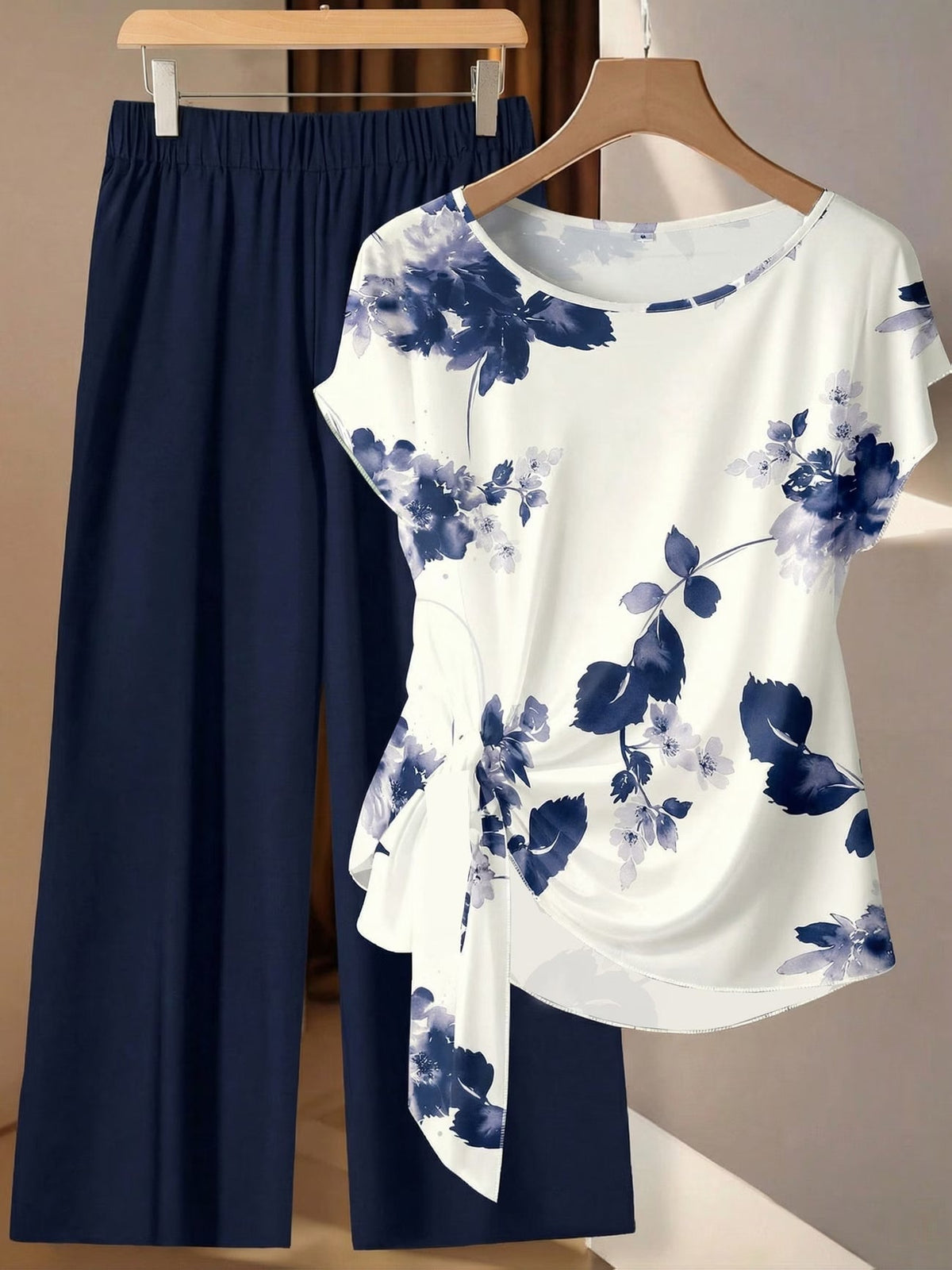Women's Floral Print Tie-Front Shirt & Wide-Leg Pants Two-Piece Set