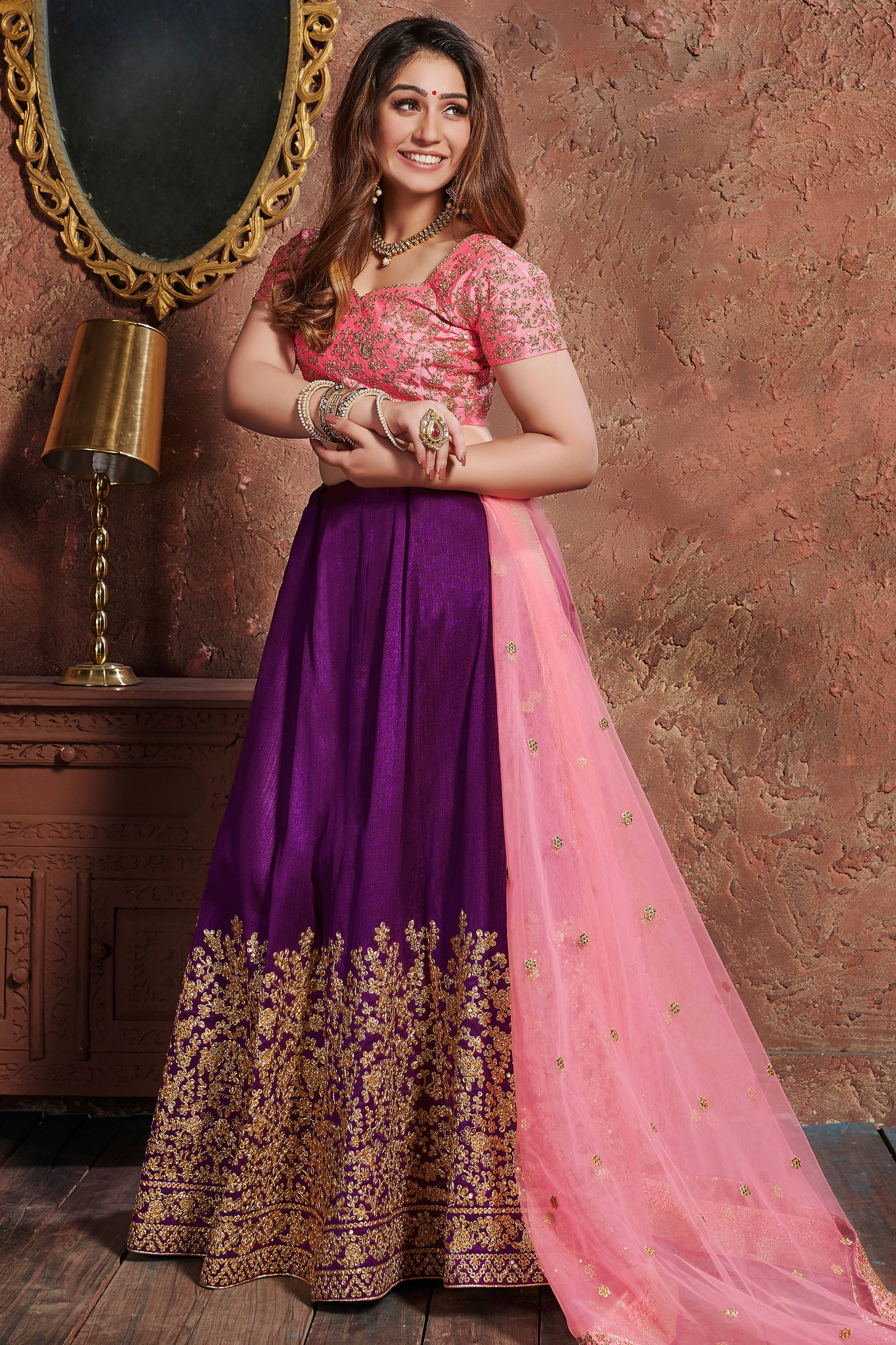Gorgeous Purple-Pink Embroidered Mulberry Silk Wedding Lehenga Choli