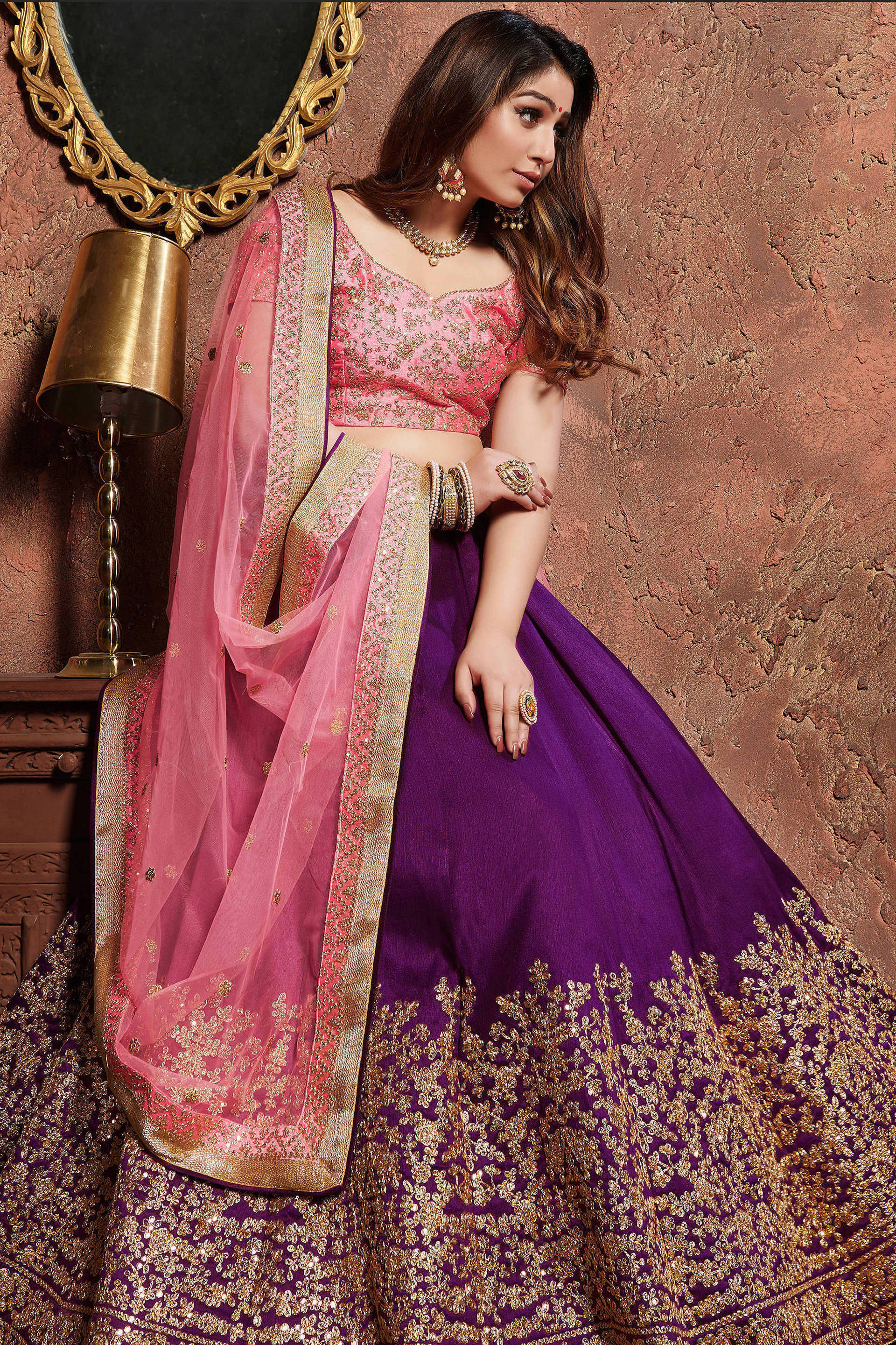 Gorgeous Purple-Pink Embroidered Mulberry Silk Wedding Lehenga Choli