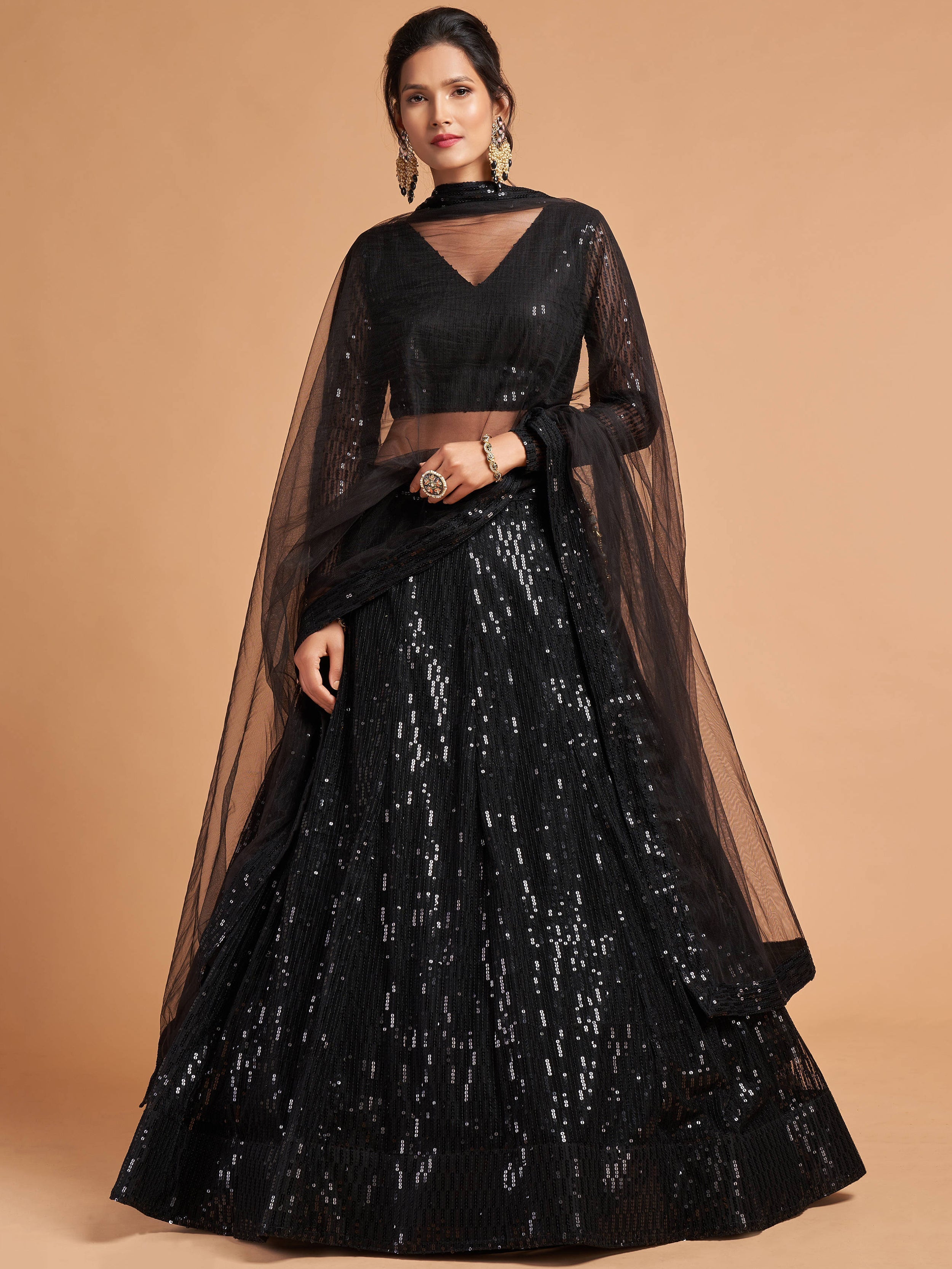 Shocking Black Sequence Embroidered Party Wear Net Lehenga Choli