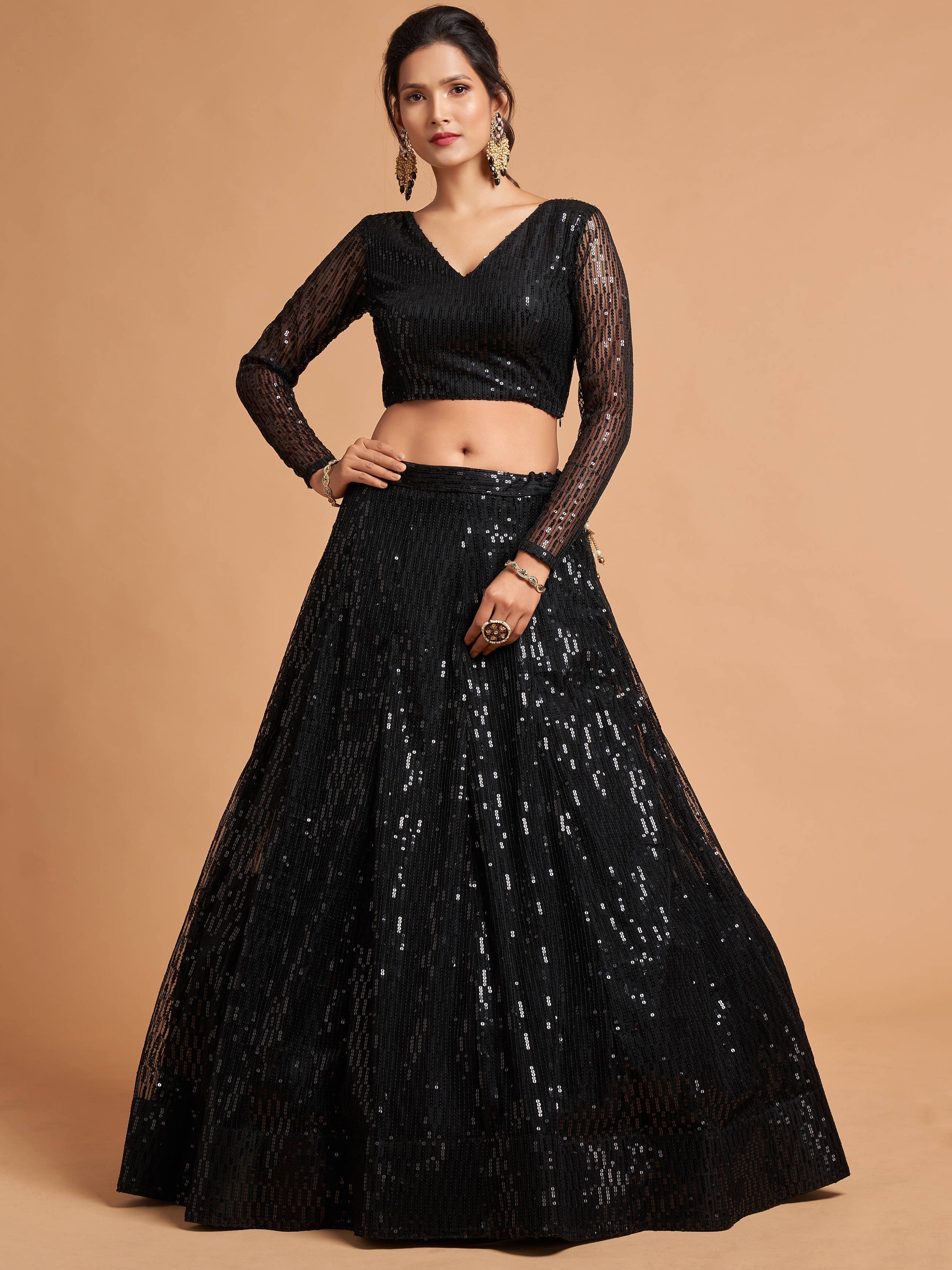 Shocking Black Sequence Embroidered Party Wear Net Lehenga Choli