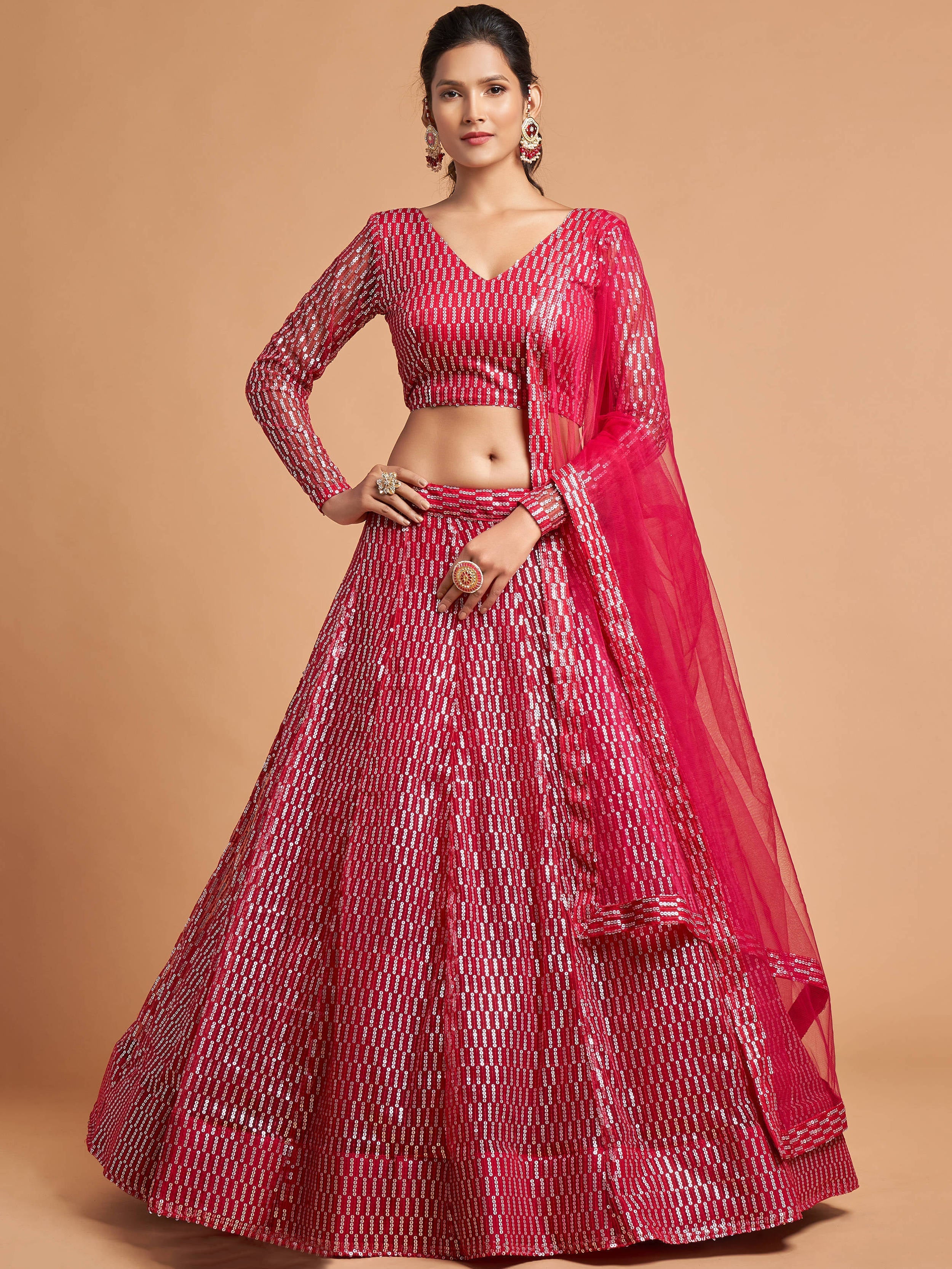 Luxurious Hot Pink Thread Embroidery Net Party wear Lehenga Choli