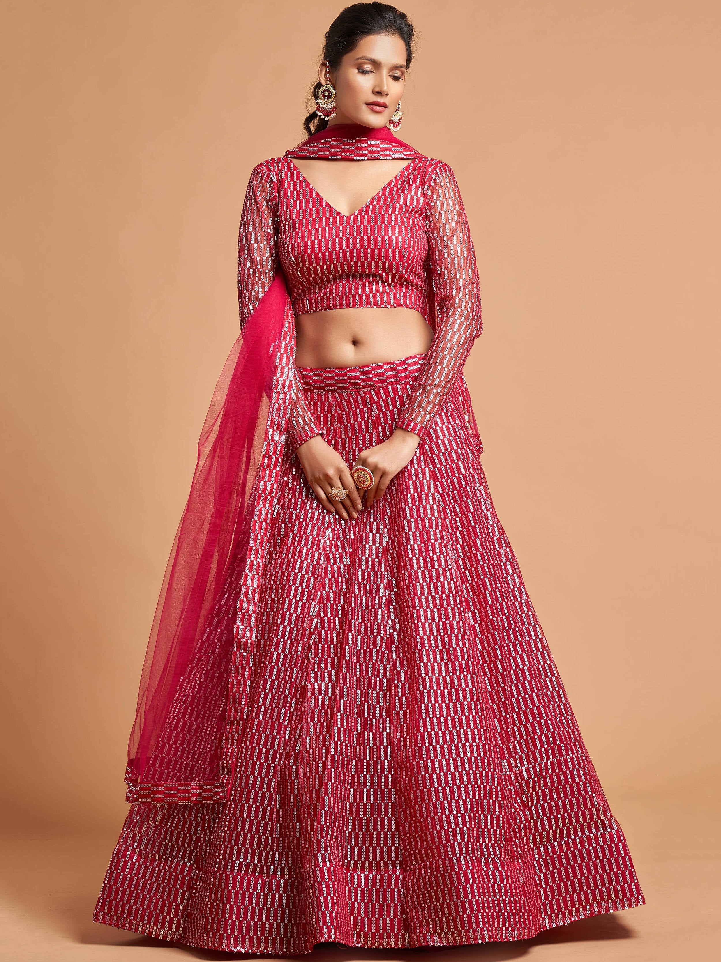 Luxurious Hot Pink Thread Embroidery Net Party wear Lehenga Choli