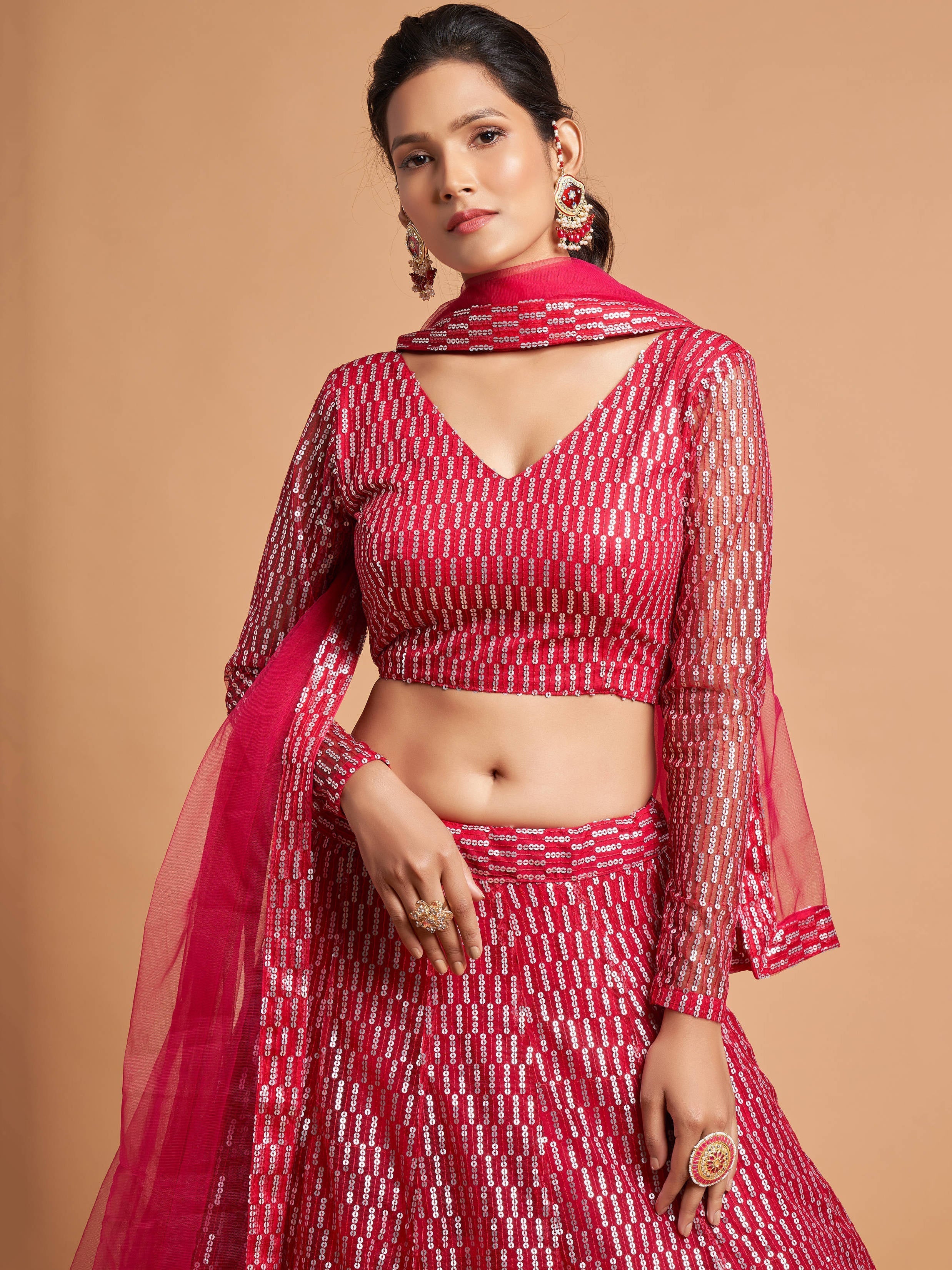 Luxurious Hot Pink Thread Embroidery Net Party wear Lehenga Choli