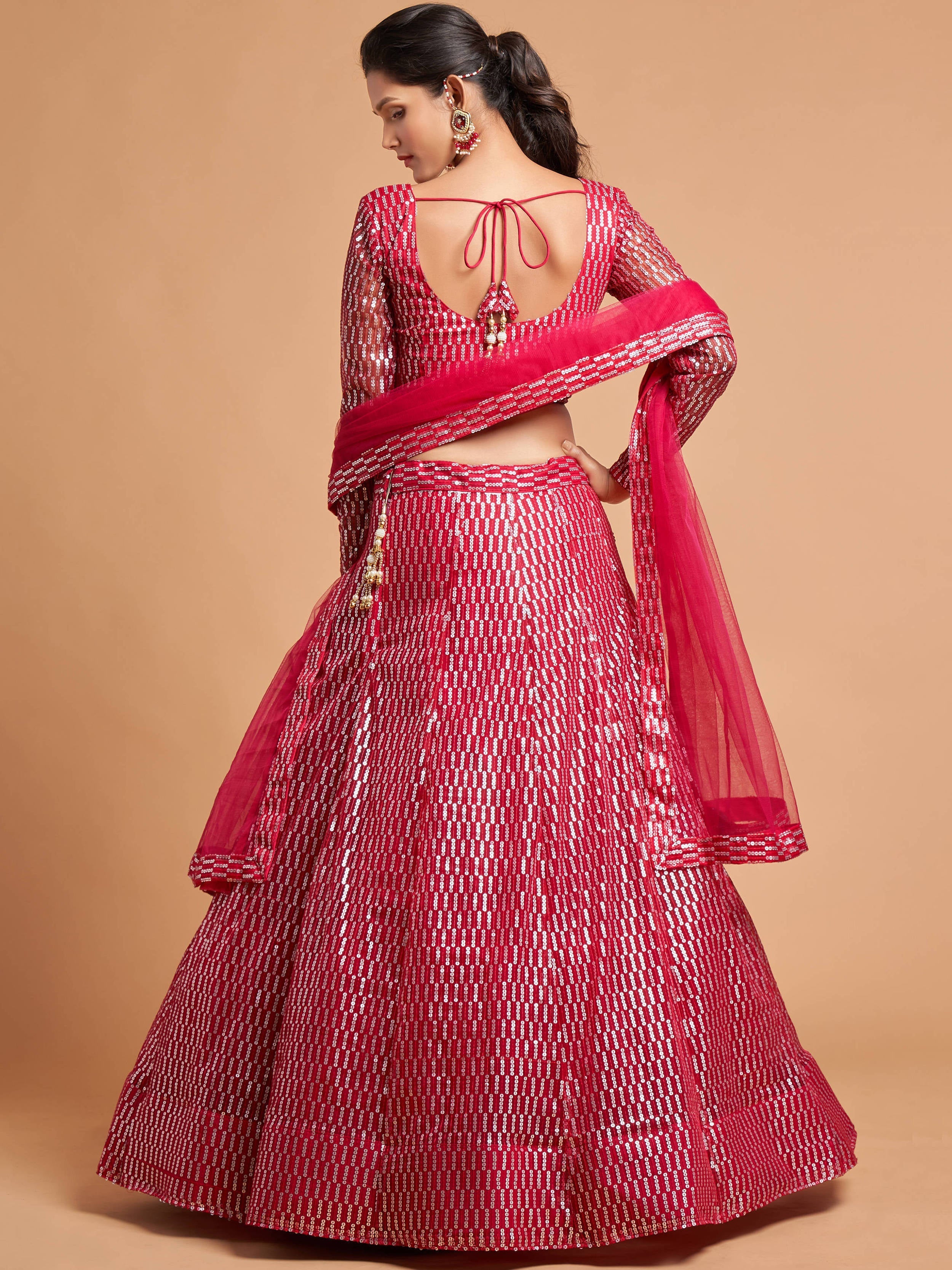 Luxurious Hot Pink Thread Embroidery Net Party wear Lehenga Choli