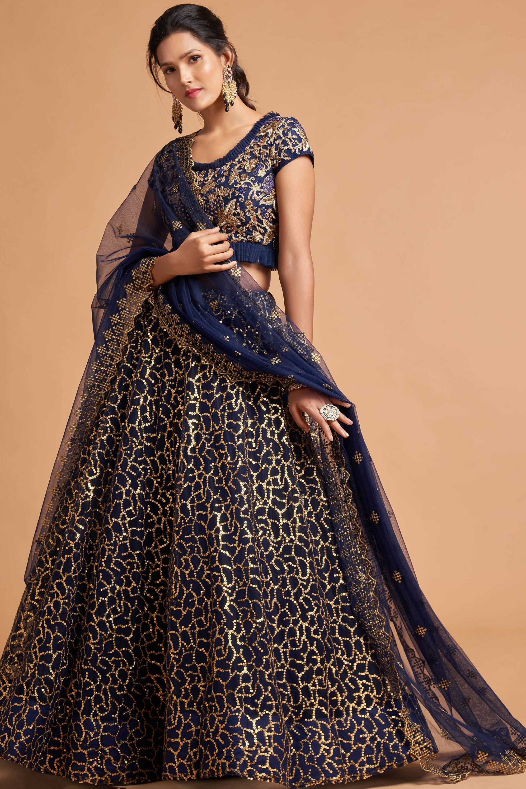 Classy Navy Blue Thread Embroidery Net Party Wear Lehenga Choli