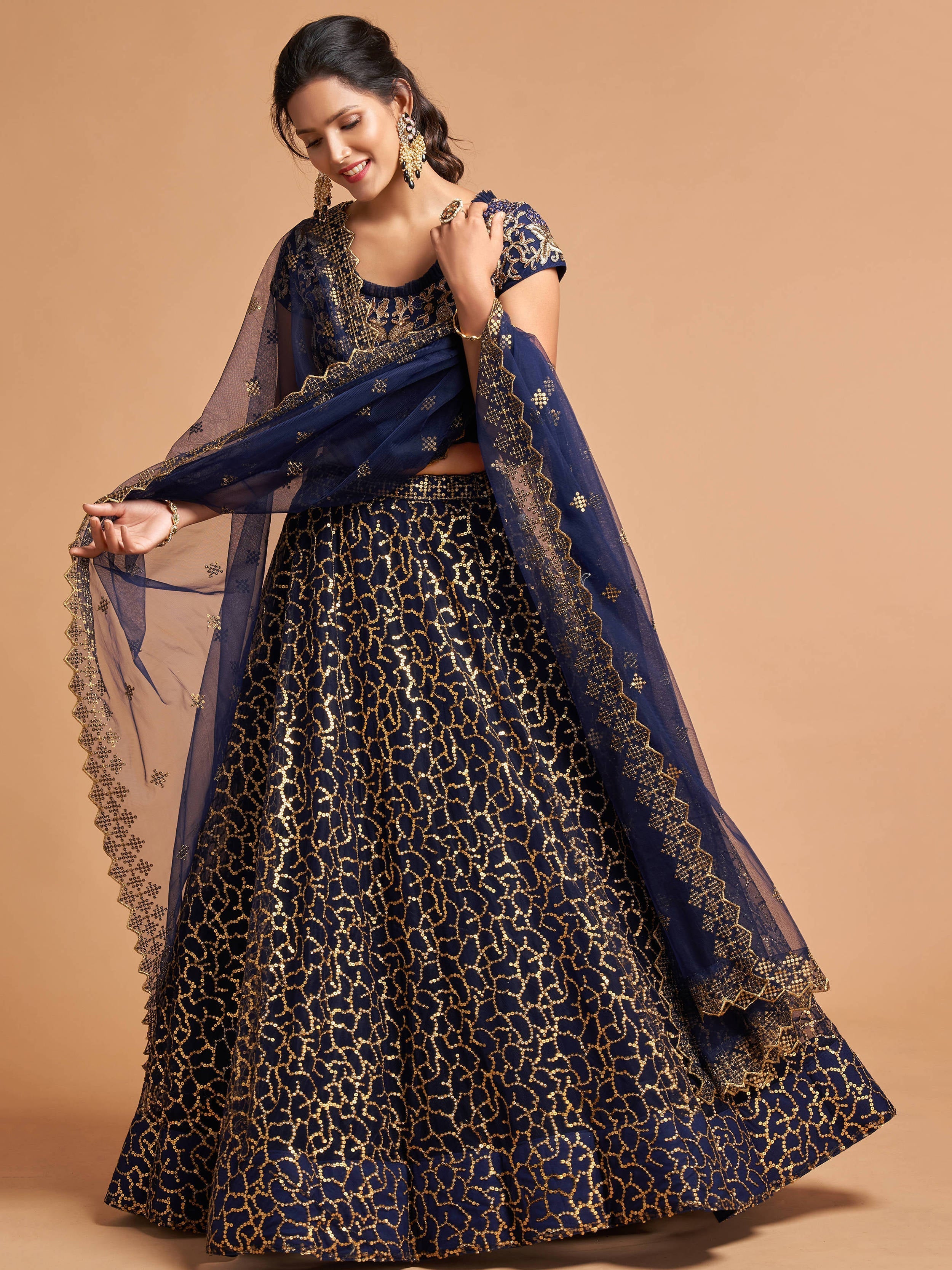 Classy Navy Blue Thread Embroidery Net Party Wear Lehenga Choli