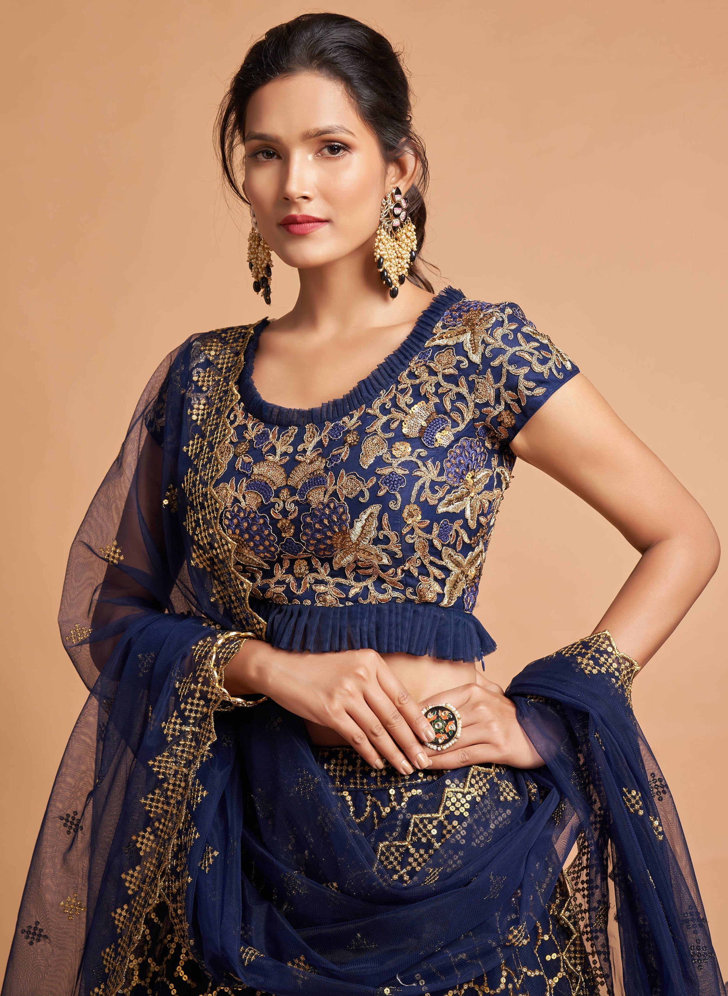 Classy Navy Blue Thread Embroidery Net Party Wear Lehenga Choli