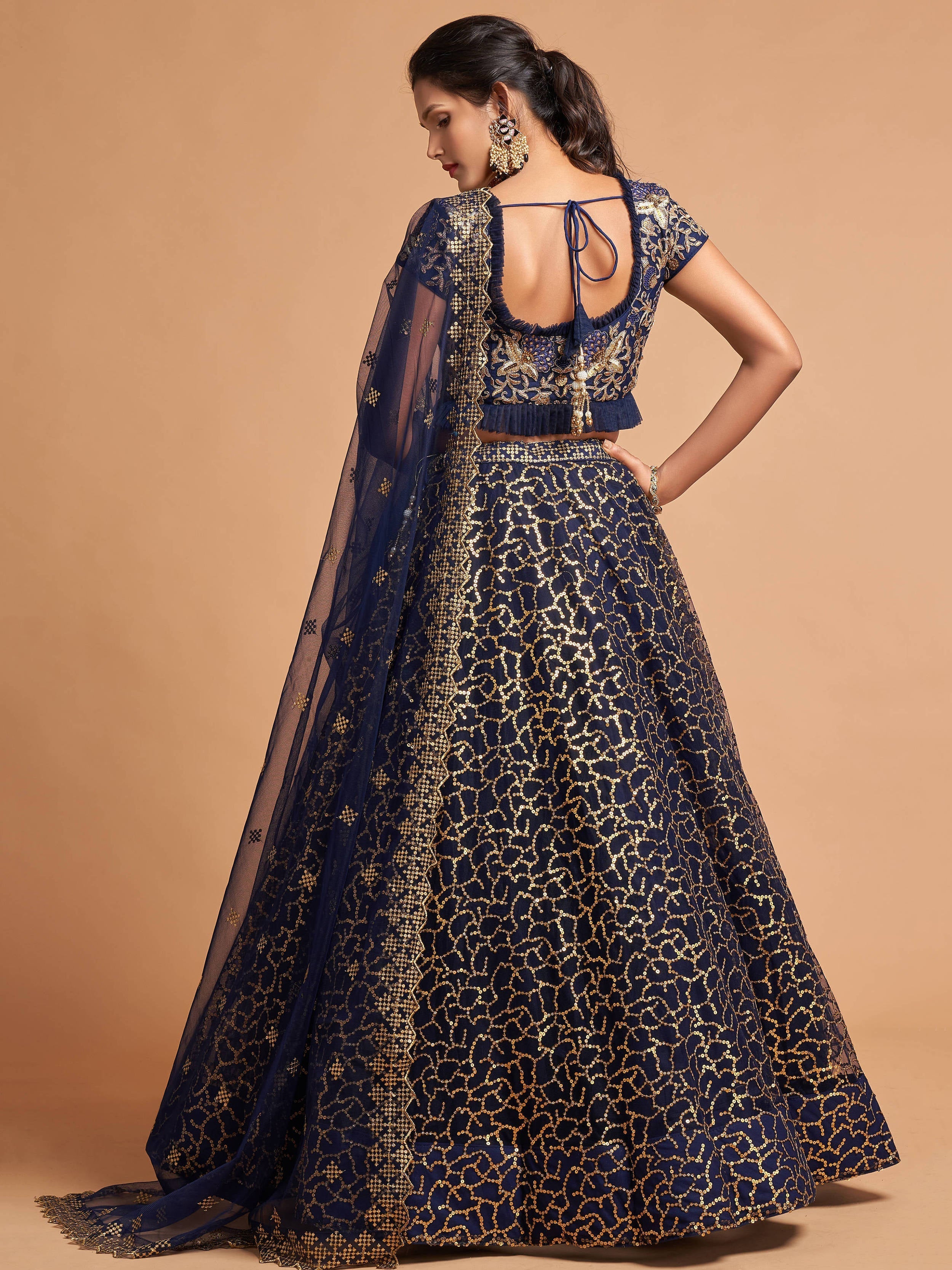 Classy Navy Blue Thread Embroidery Net Party Wear Lehenga Choli