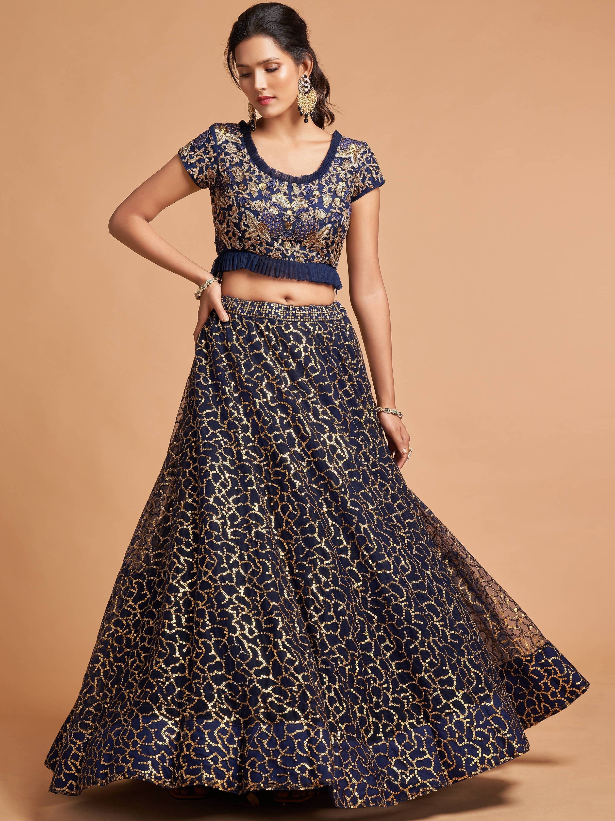 Classy Navy Blue Thread Embroidery Net Party Wear Lehenga Choli