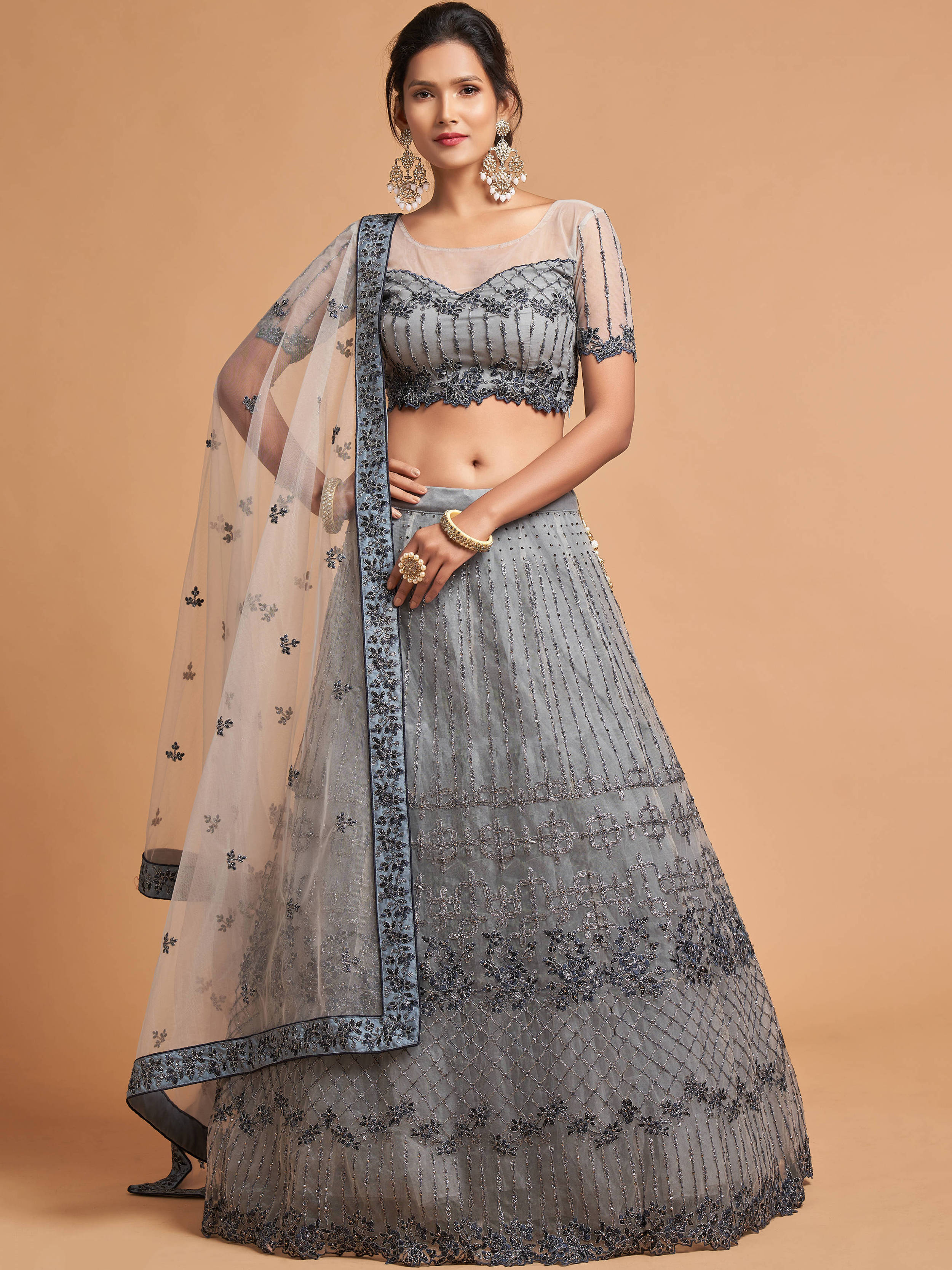 Unique Grey Zari Embroidery Party Wear Net Lehenga Choli
