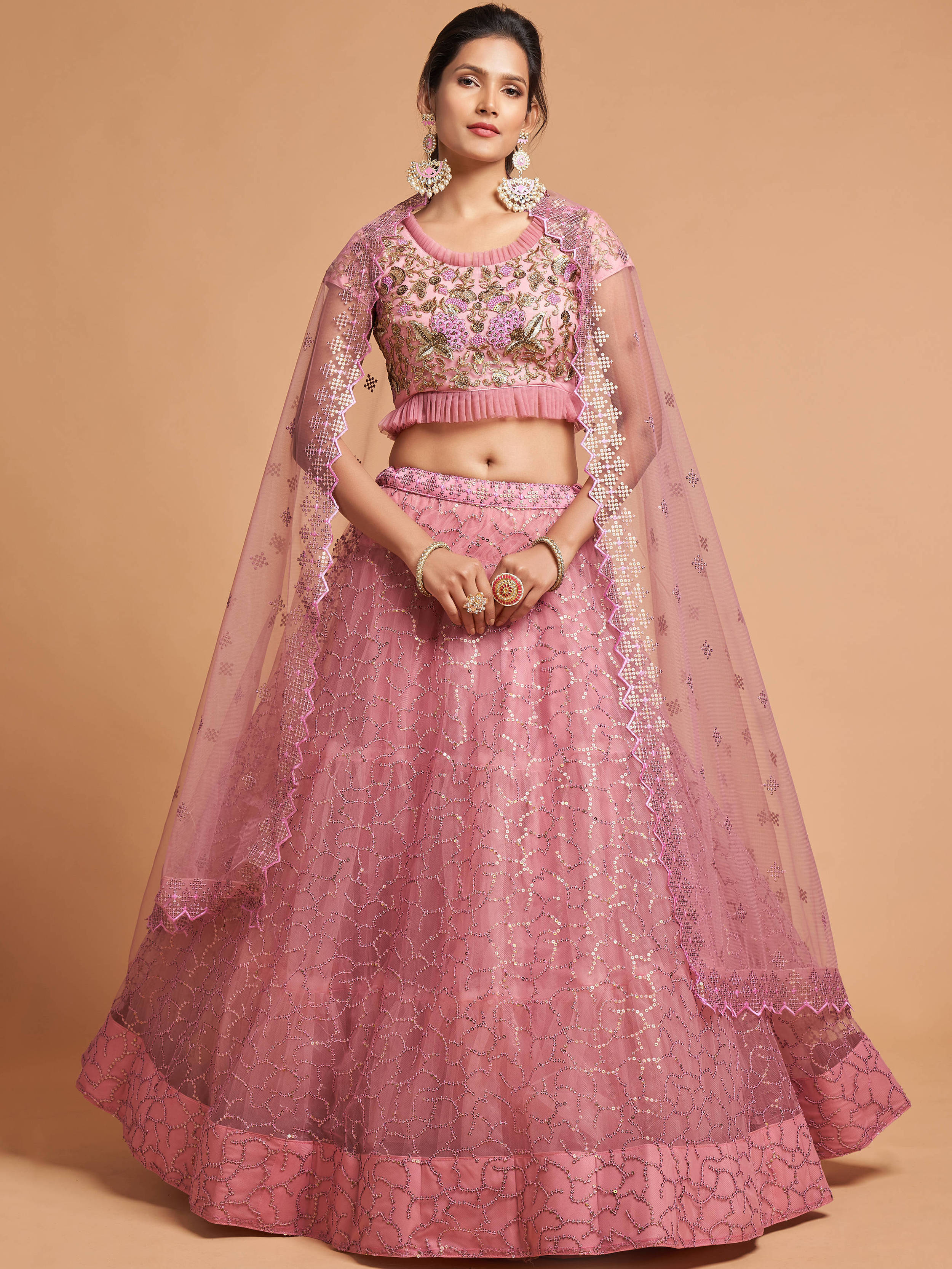 Blush Pink Thread Embroidery Net Party Wear Lehenga Choli