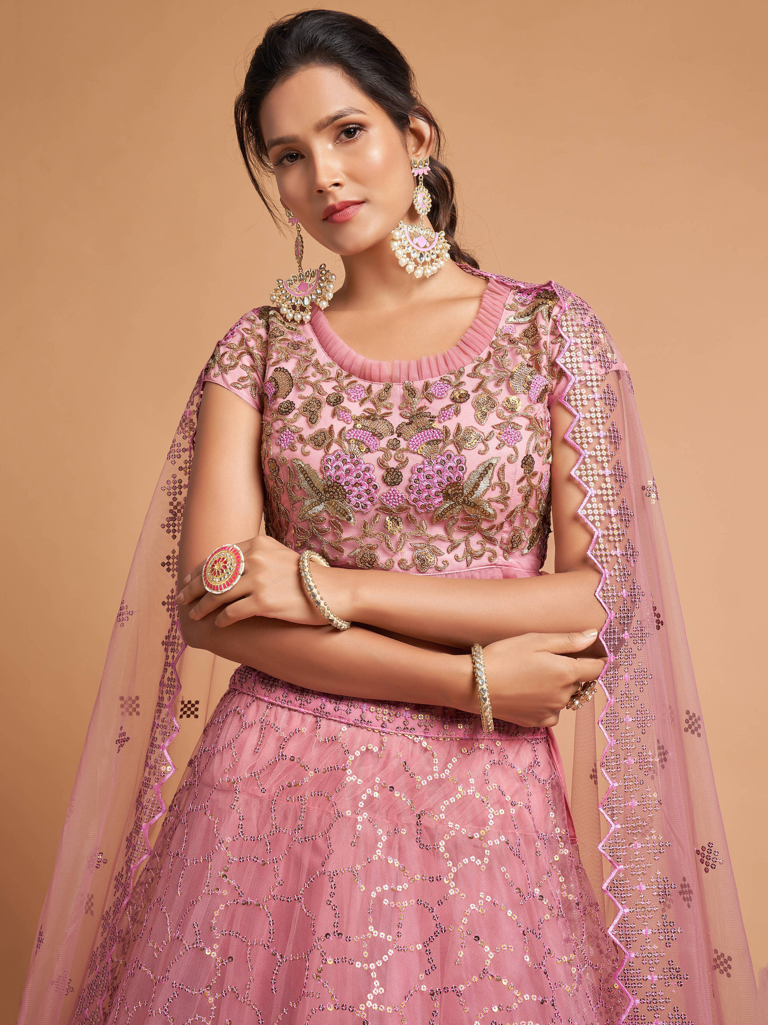 Blush Pink Thread Embroidery Net Party Wear Lehenga Choli