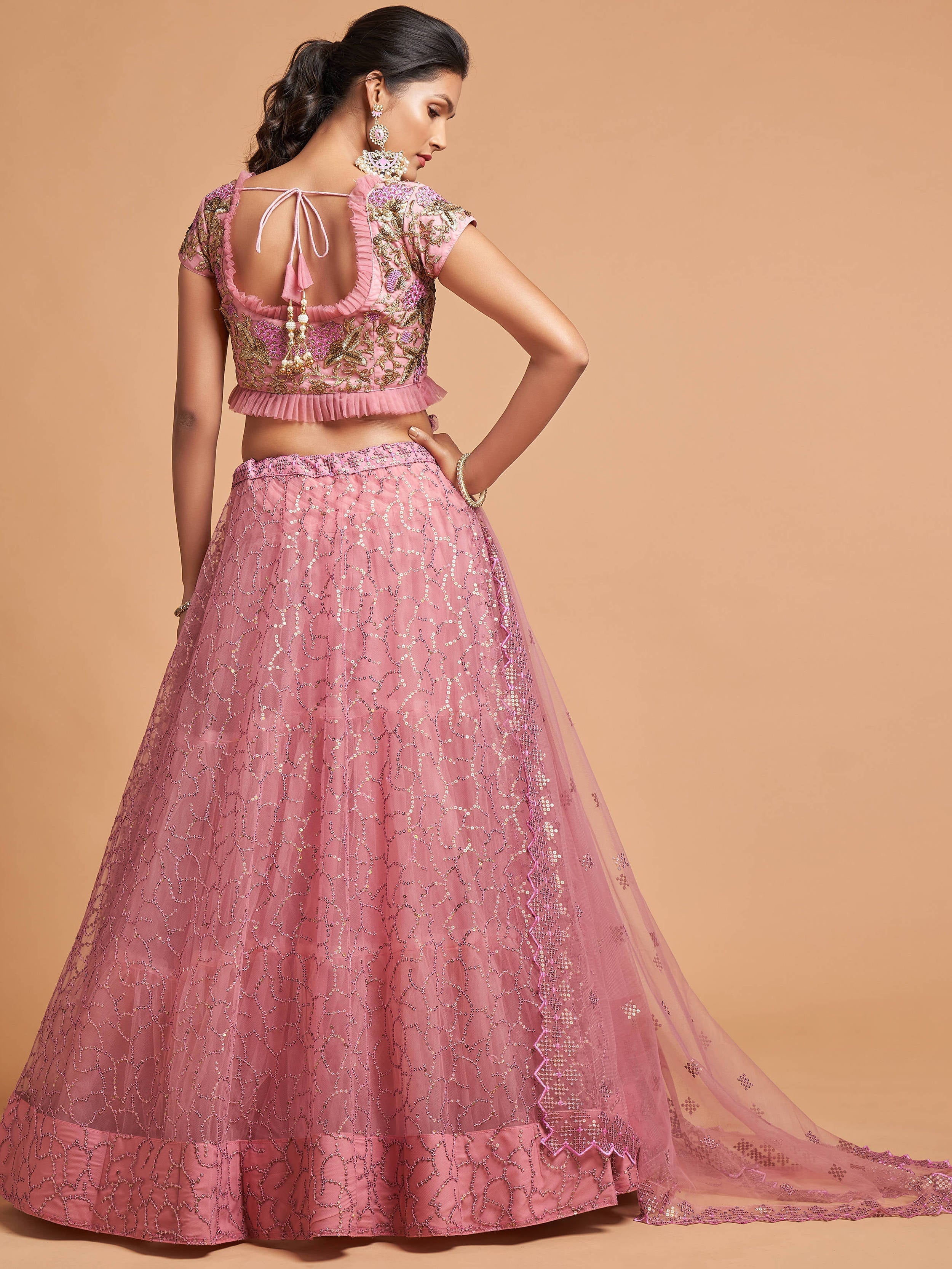 Blush Pink Thread Embroidery Net Party Wear Lehenga Choli