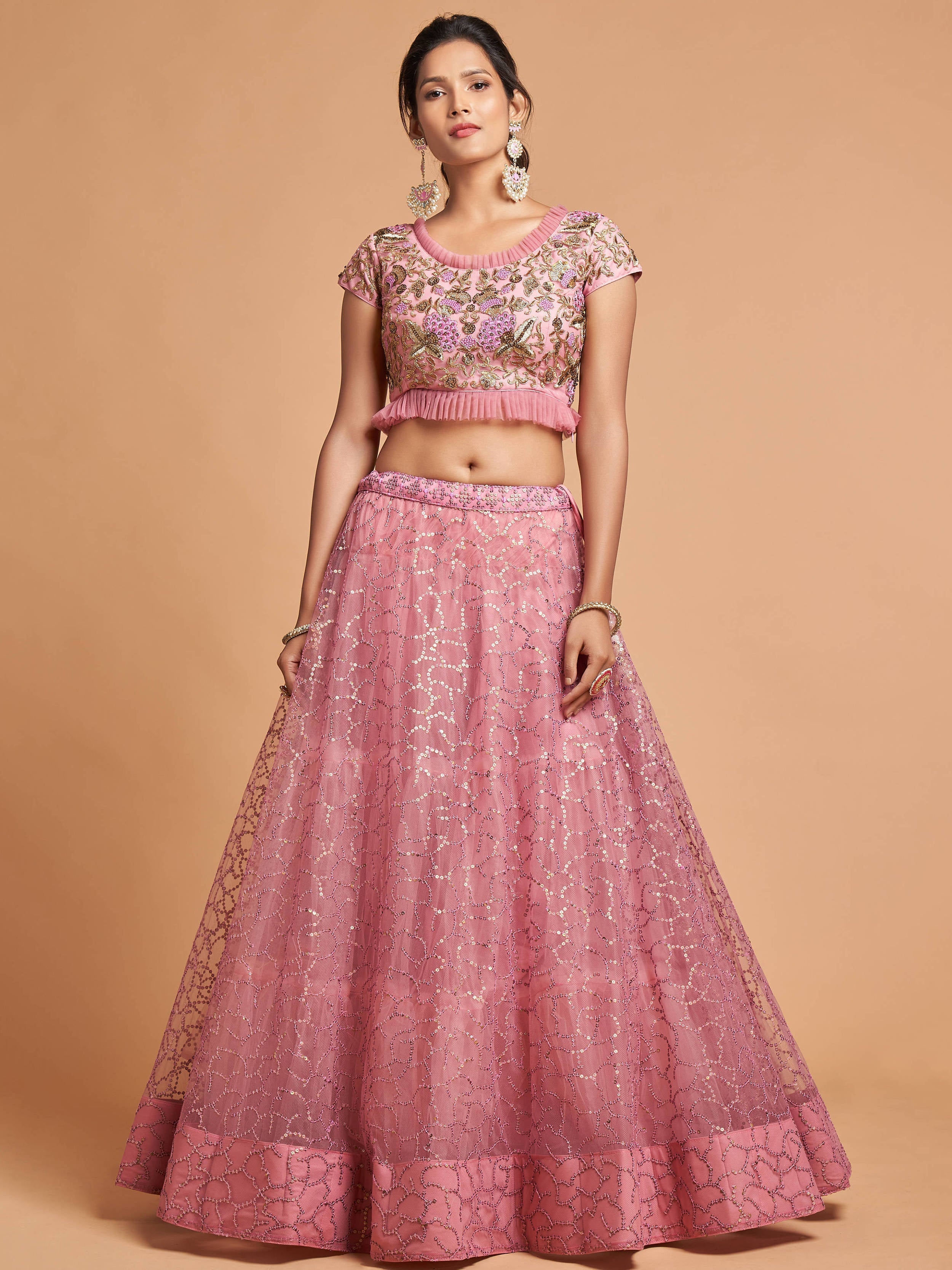 Blush Pink Thread Embroidery Net Party Wear Lehenga Choli