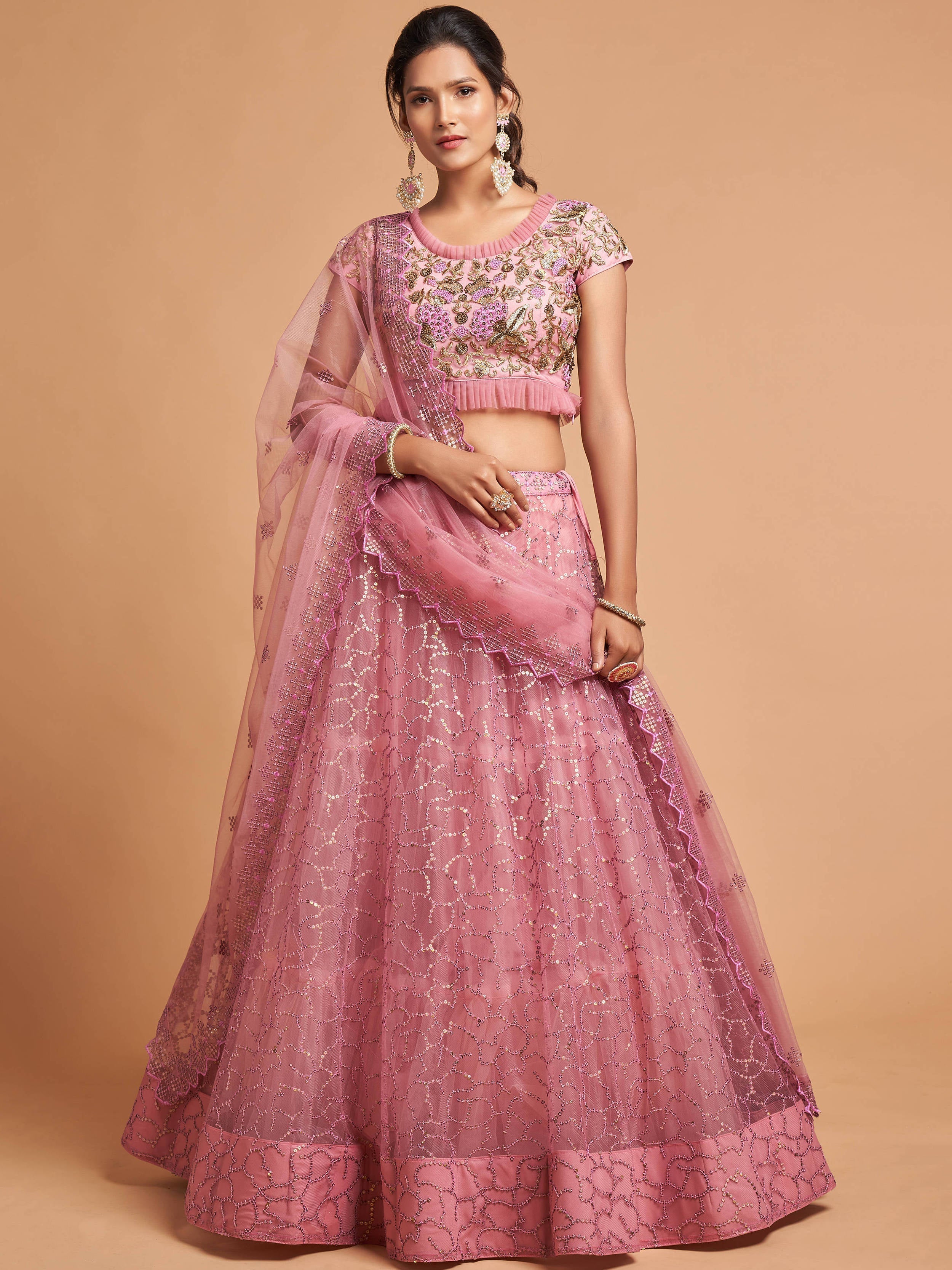 Blush Pink Thread Embroidery Net Party Wear Lehenga Choli